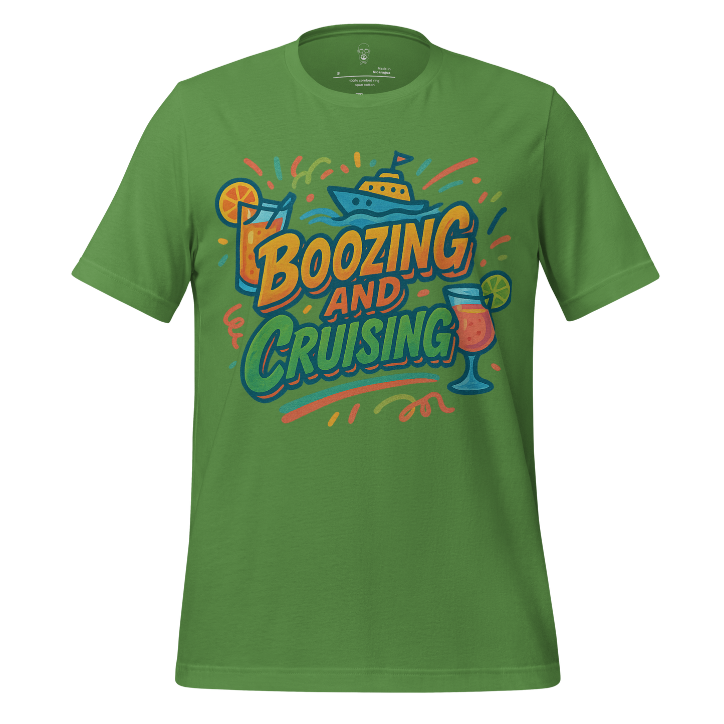Green boozing and cruising shirt by JMK Drip with colorful boat and cocktail graphic