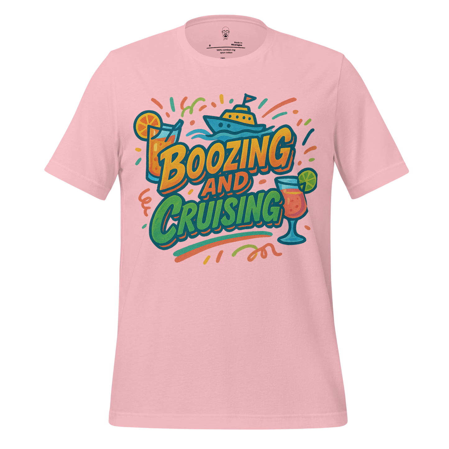Pink boozing and cruising shirt with colorful boat and cocktail graphic by JMK Drip