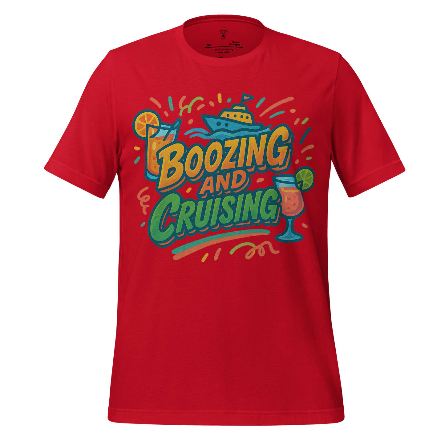 Red JMK Drip boozing and cruising shirt with colorful boat and cocktail graphic design