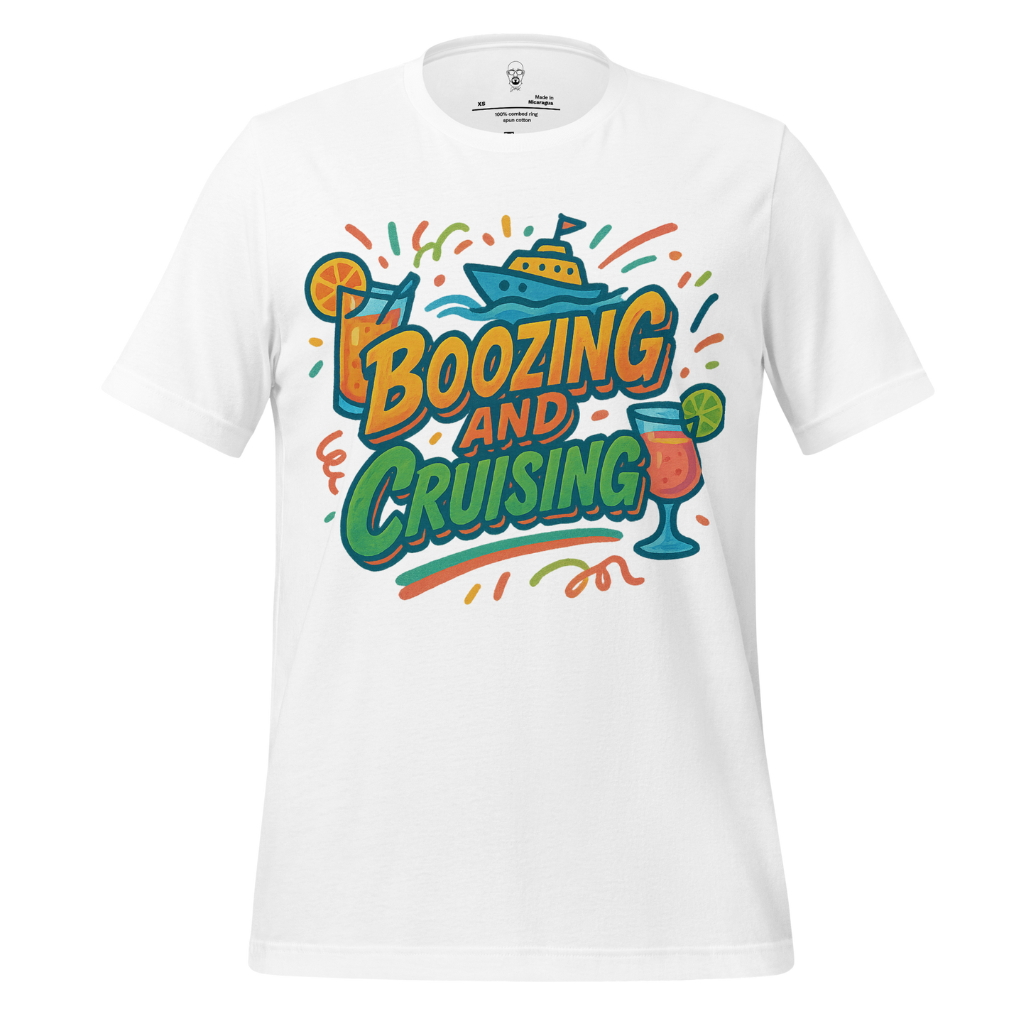 White boozing and cruising shirt with colorful cruise boat and cocktail graphics by JMK Drip