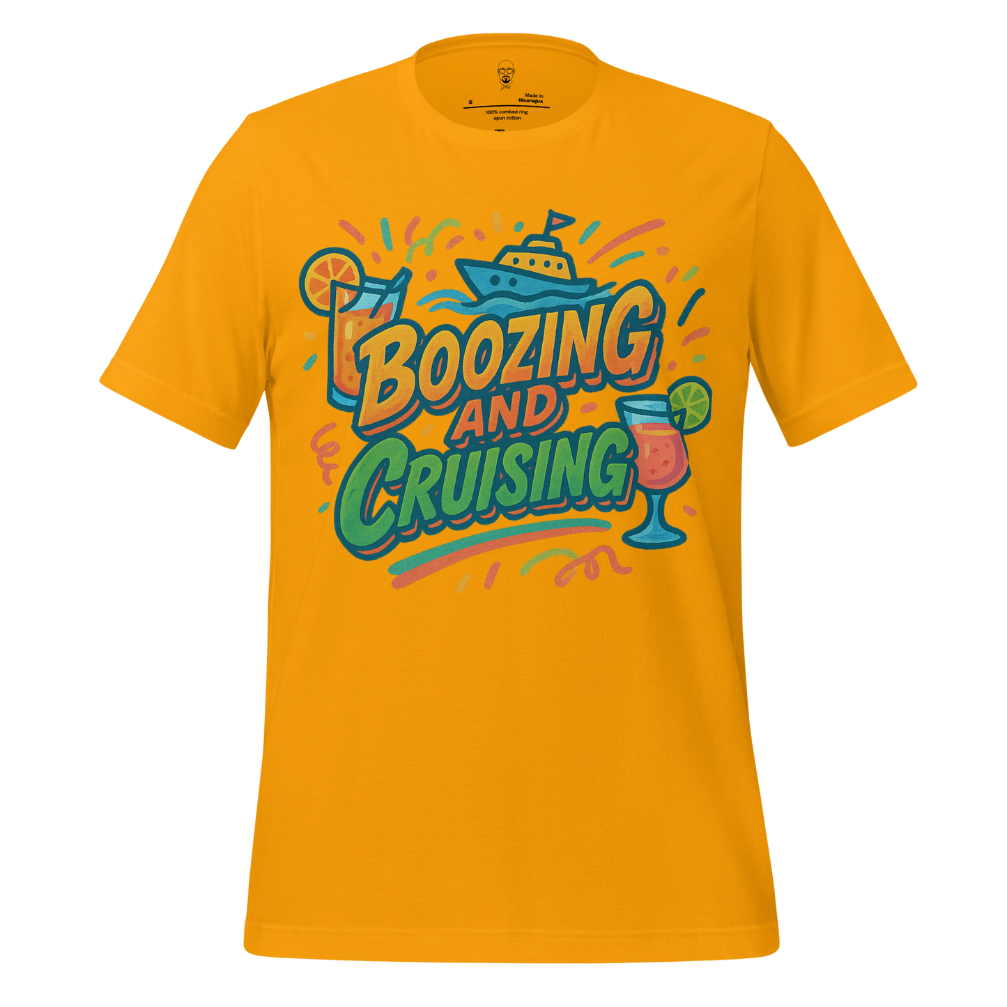 Yellow boozing and cruising shirt by JMK Drip with boat and cocktail print design