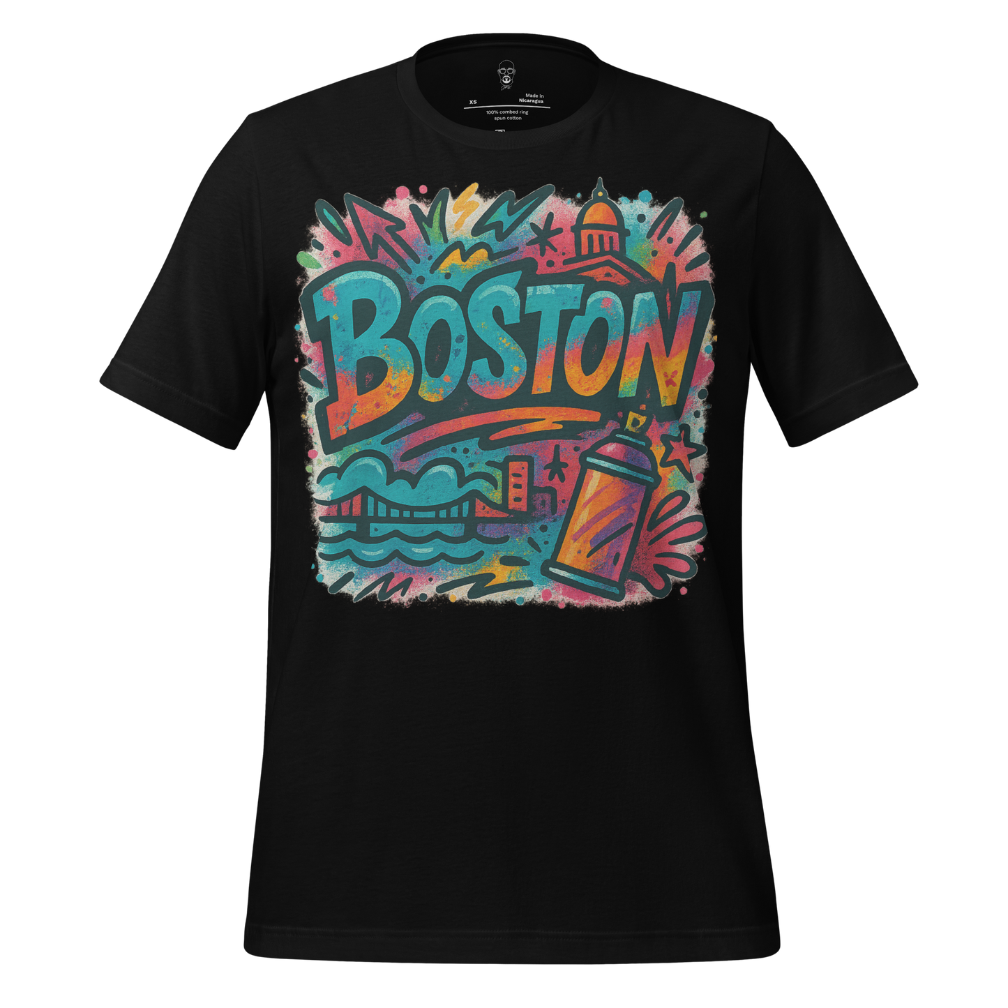 JMK Drip Boston graphic t-shirt in black with colorful street art design and Boston city elements