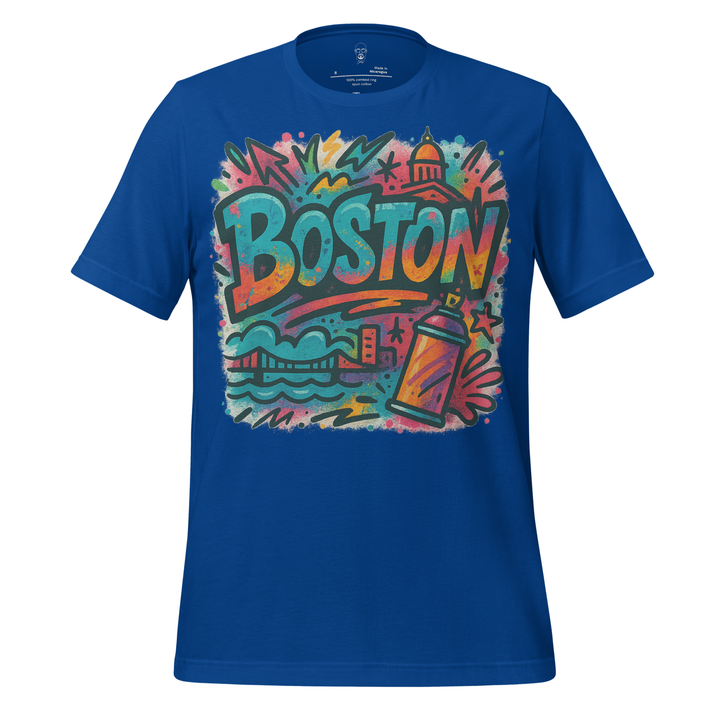 JMK Drip blue Boston graphic t-shirt with colorful cityscape and spray paint can design