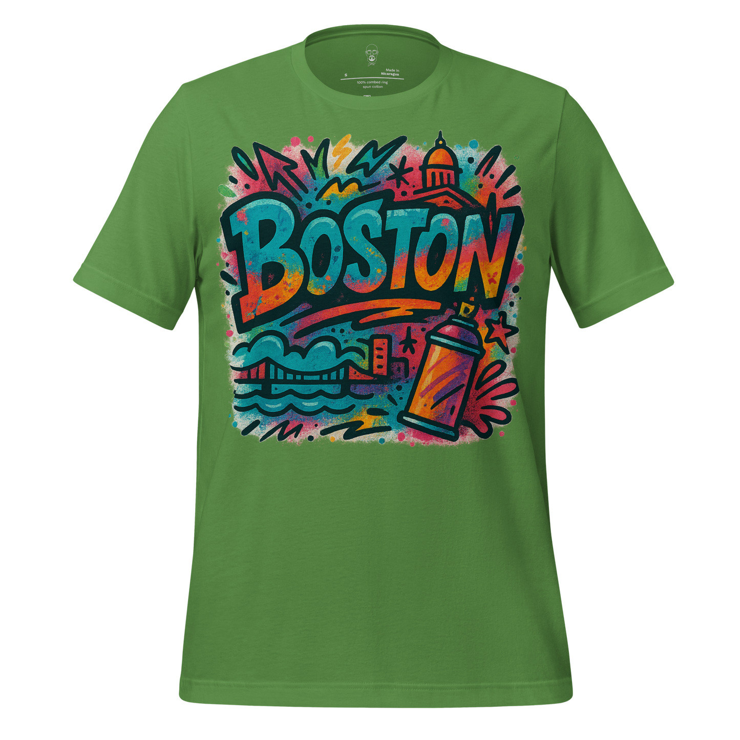 Green Boston graphic t-shirt by JMK Drip with colorful cityscape and spray paint design