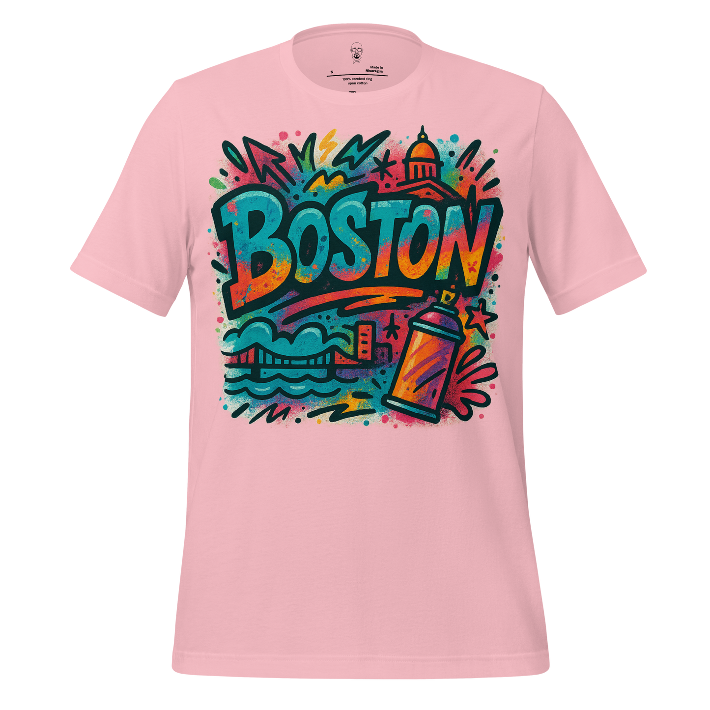JMK Drip pink Boston graphic t-shirt with colorful street art design and city landmarks