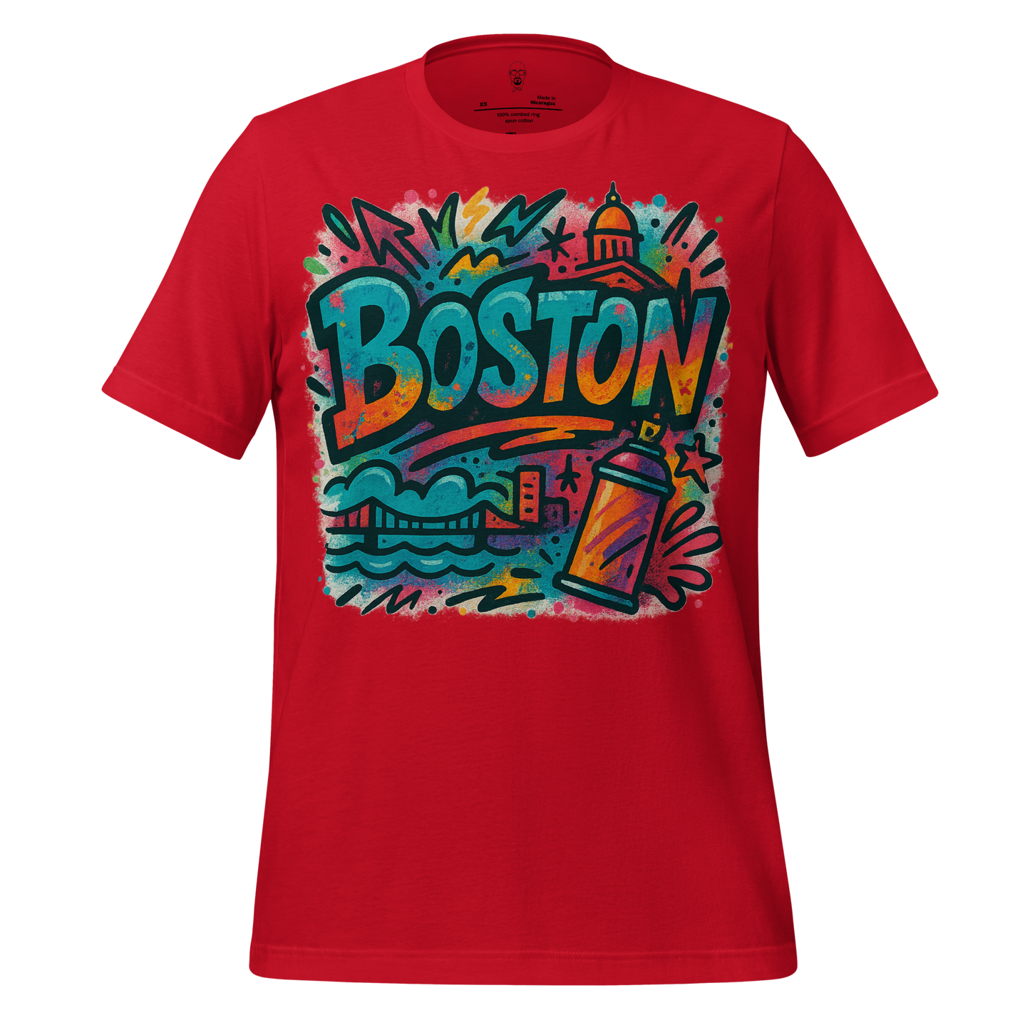 Red JMK Drip Boston graphic t-shirt with colorful street art design including city landmarks and spray paint can