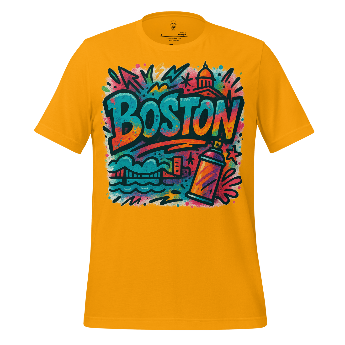 Bright yellow Boston graphic t-shirt with colorful graffiti style city design by JMK Drip