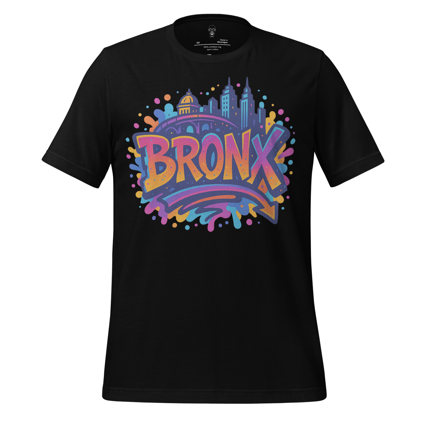 Black Bronx Graphic t-shirt by JMK Drip with colorful city skyline and bold Bronx text design