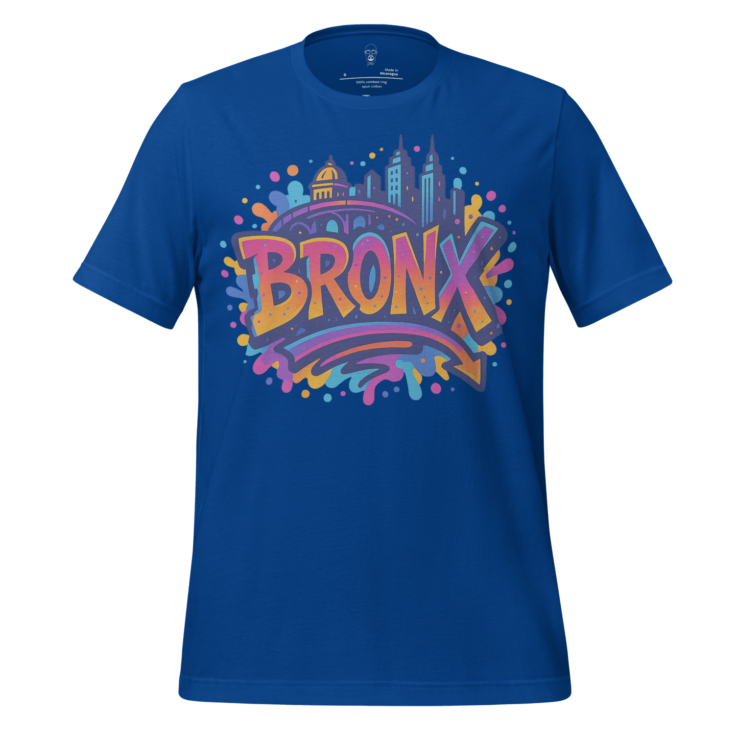 JMK Drip Bronx Graphic t-shirt in blue with colorful cityscape and graffiti style design