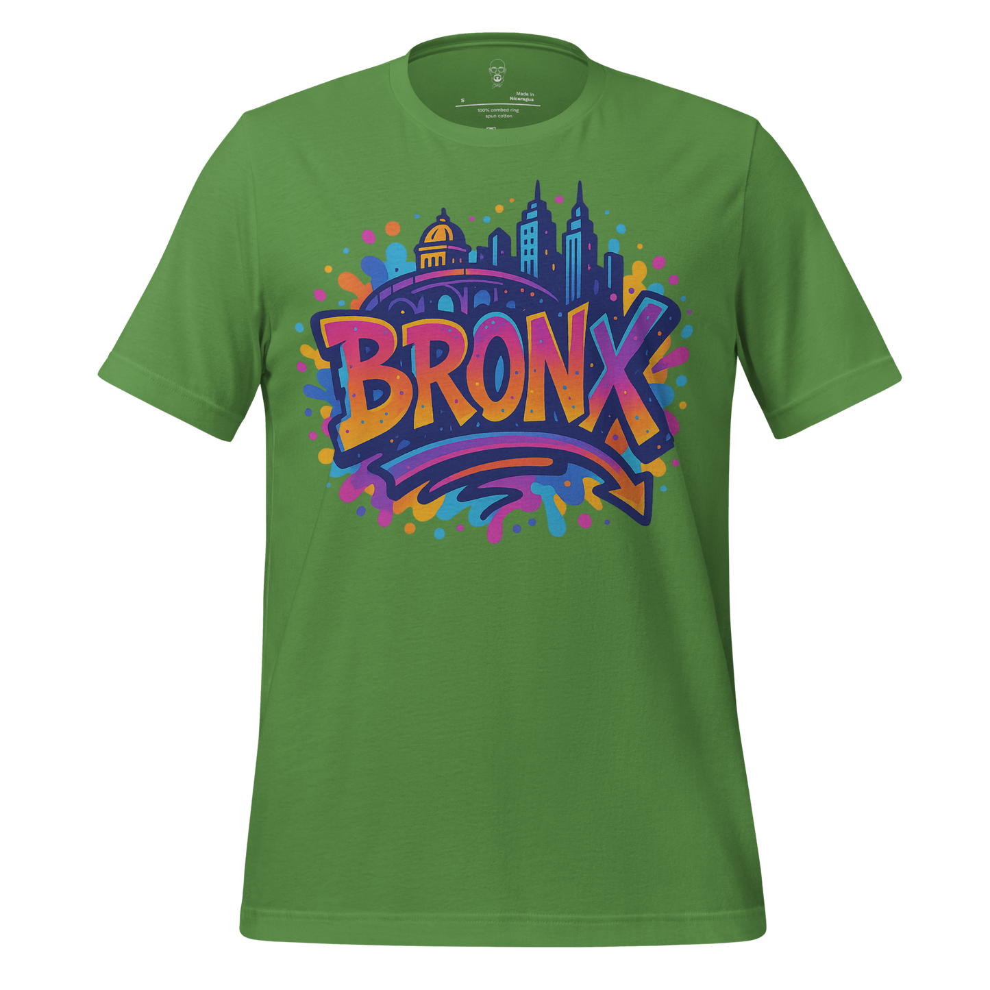 Green Bronx Graphic t-shirt featuring colorful city skyline and bold urban design