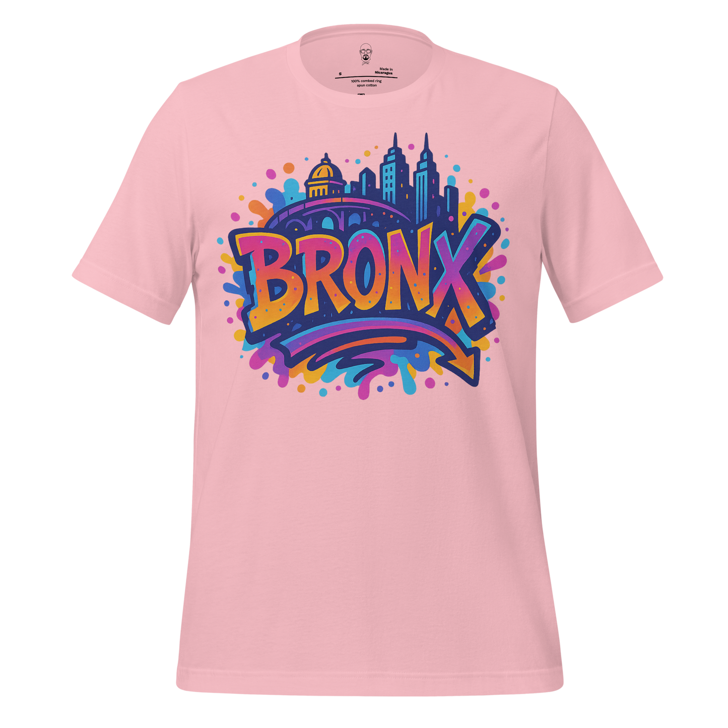 Pink Bronx Graphic t-shirt by JMK Drip with colorful city skyline and graffiti style text