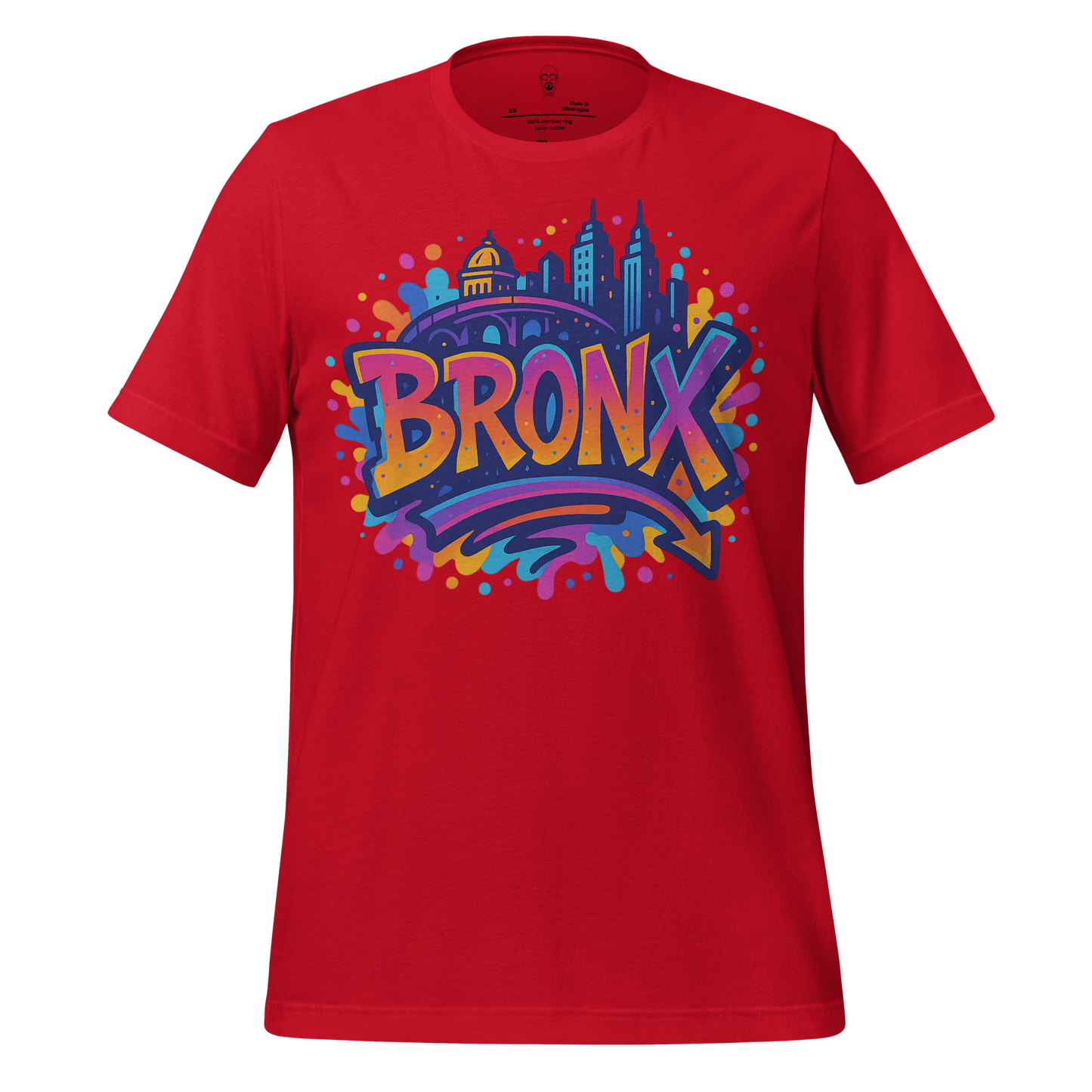 Red Bronx Graphic t-shirt by JMK Drip featuring colorful graffiti style city skyline design