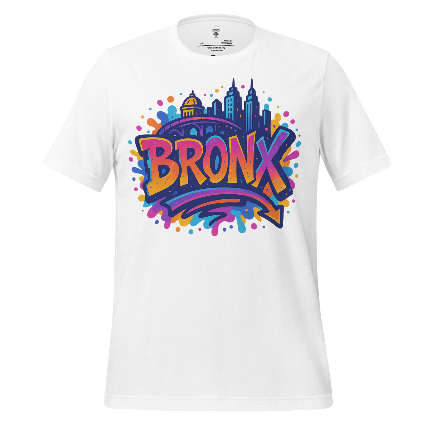 White Bronx Graphic t-shirt with colorful graffiti style design and city skyline by JMK Drip