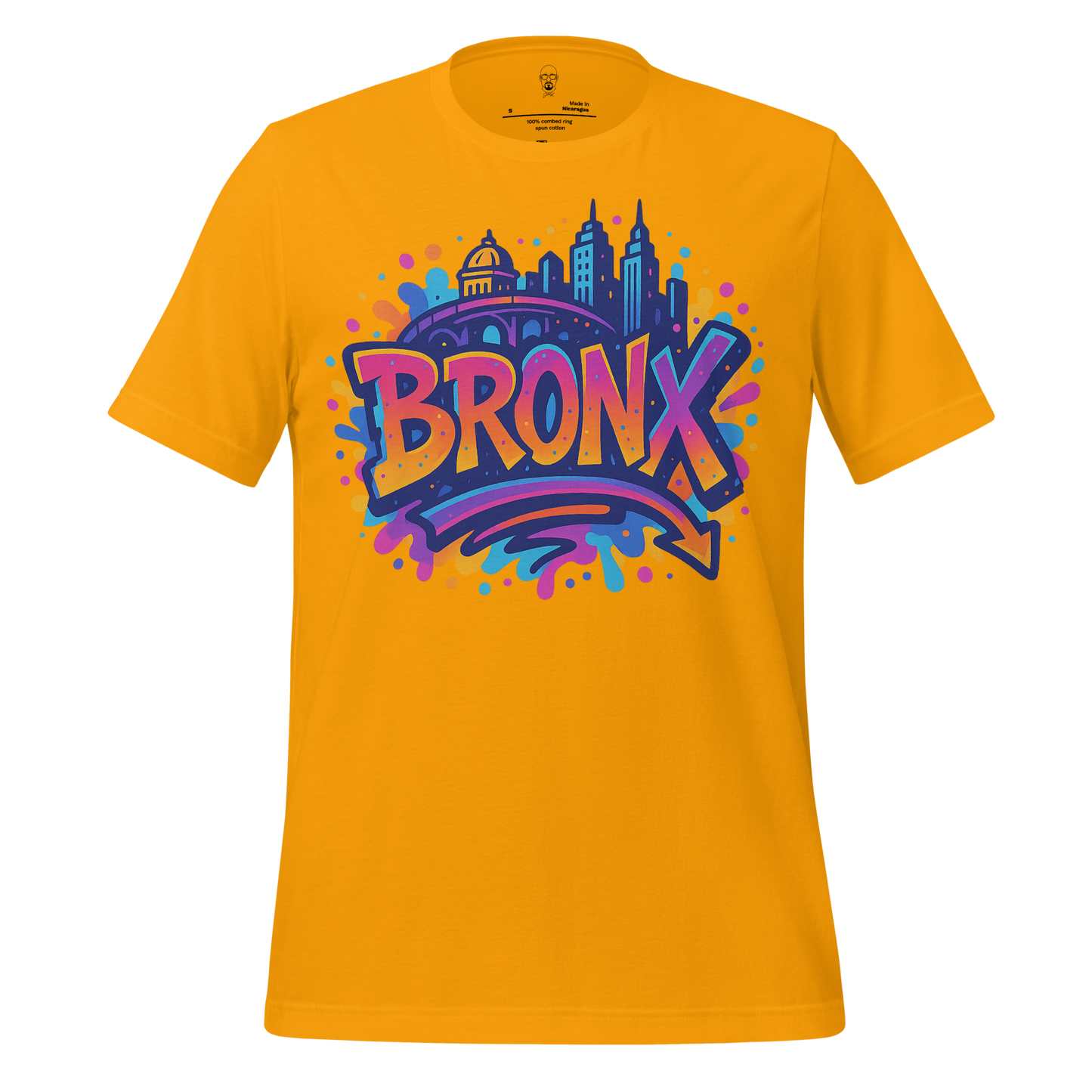 JMK Drip yellow Bronx Graphic t-shirt featuring colorful city skyline and graffiti style text design
