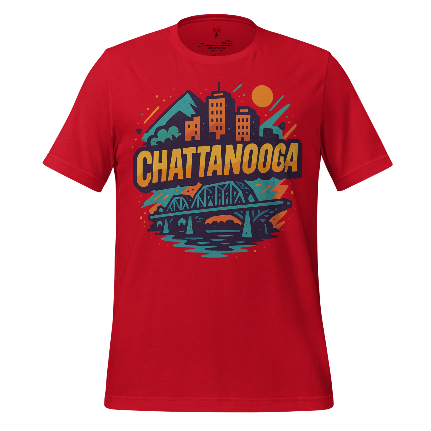 Red Chattanooga graphic t-shirt featuring city skyline, bridge, mountains, and sun design
