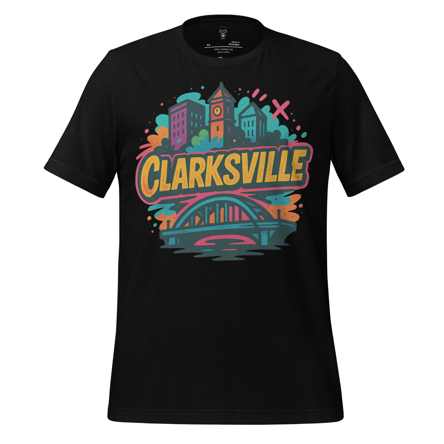 Black Clarksville graphic t-shirt featuring colorful city skyline and bridge design