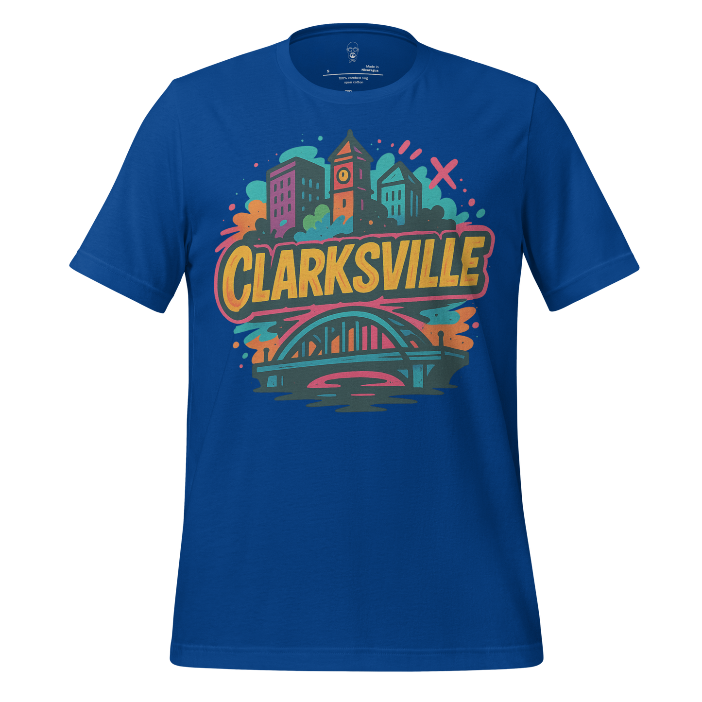 JMK Drip Clarksville graphic t-shirt in blue with colorful city skyline and bridge design