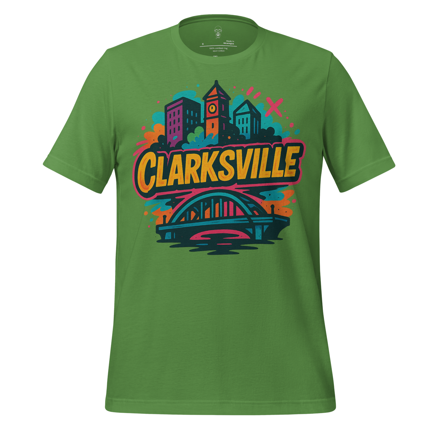 Green Clarksville graphic t-shirt with colorful cityscape and bridge design by JMK Drip