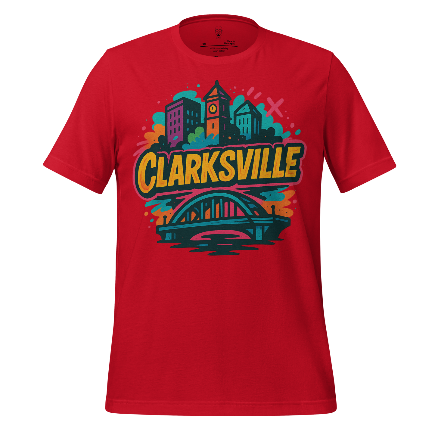 Red Clarksville graphic t-shirt featuring colorful city skyline and bridge design by JMK Drip