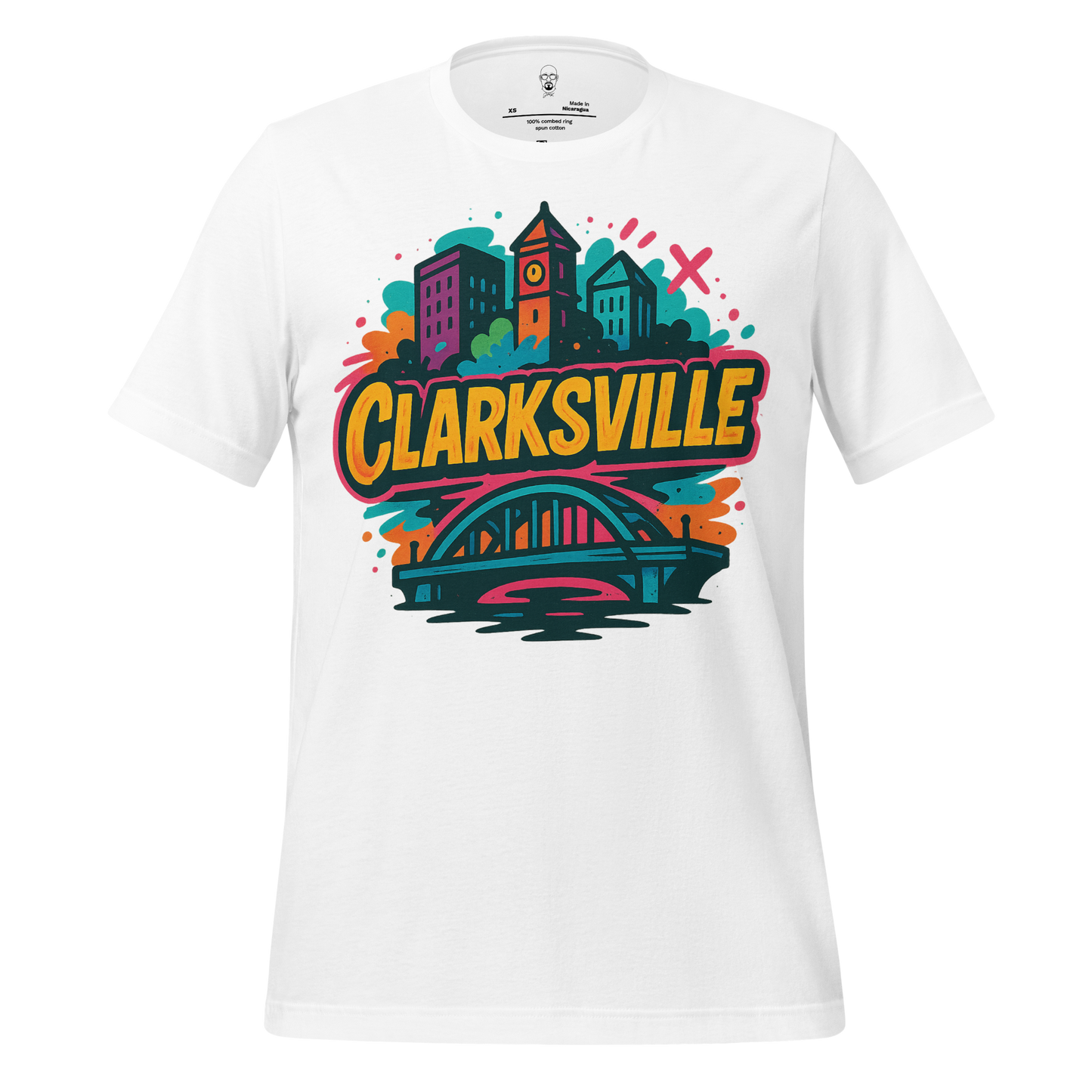 White Clarksville graphic t-shirt featuring colorful city skyline and bridge illustration