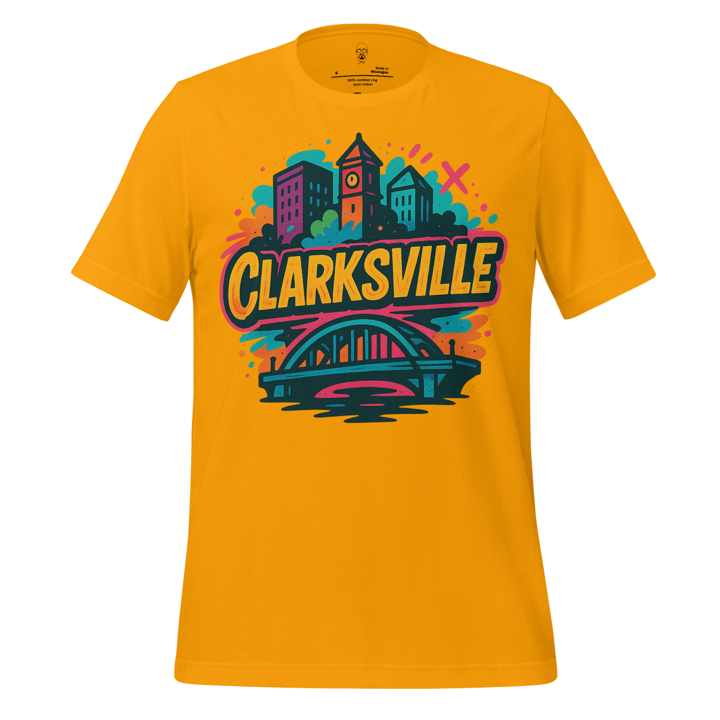 Yellow Clarksville graphic t-shirt with colorful city skyline and bridge design by JMK Drip