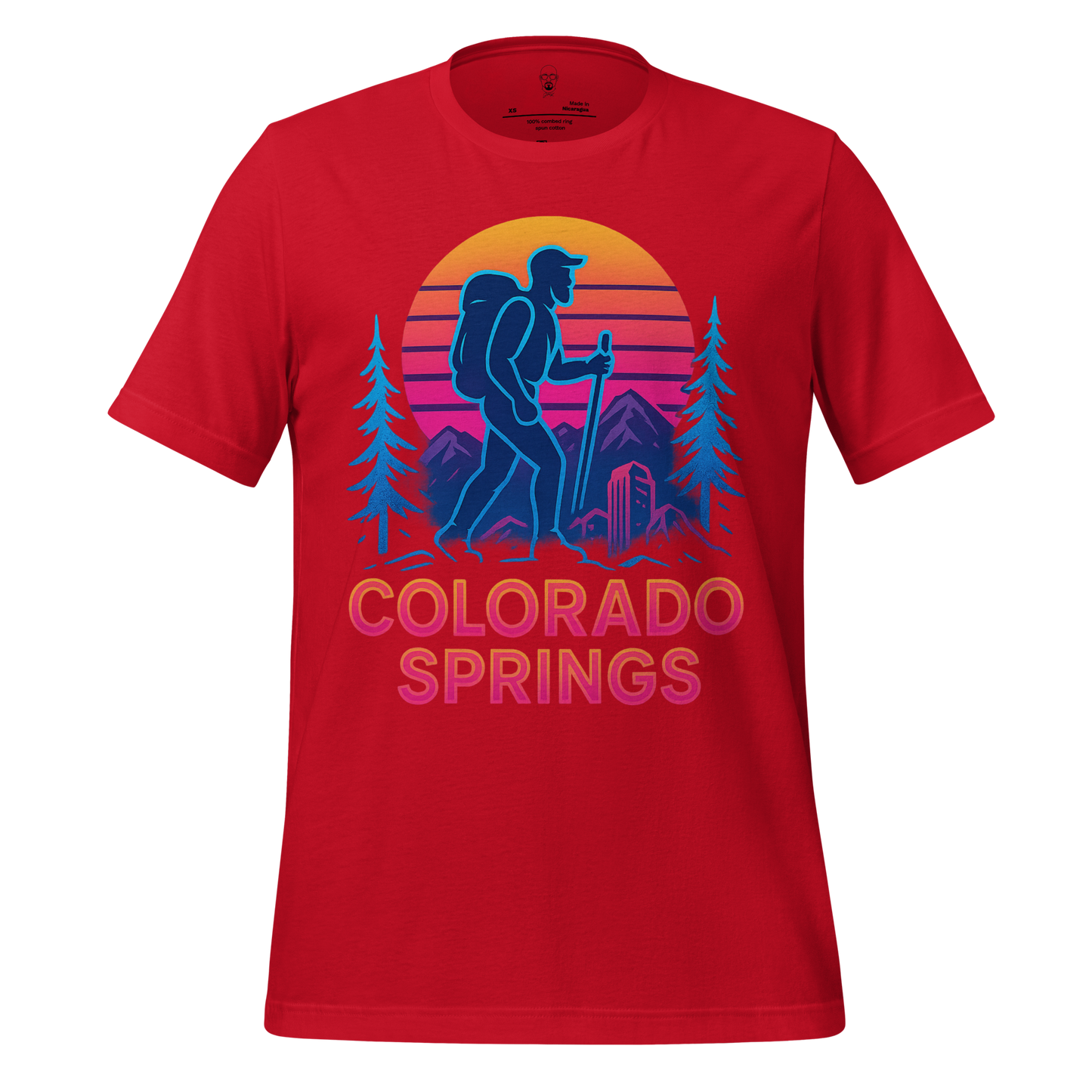 Red Colorado Springs Graphic T-Shirt with hiker silhouette and mountain sunset design