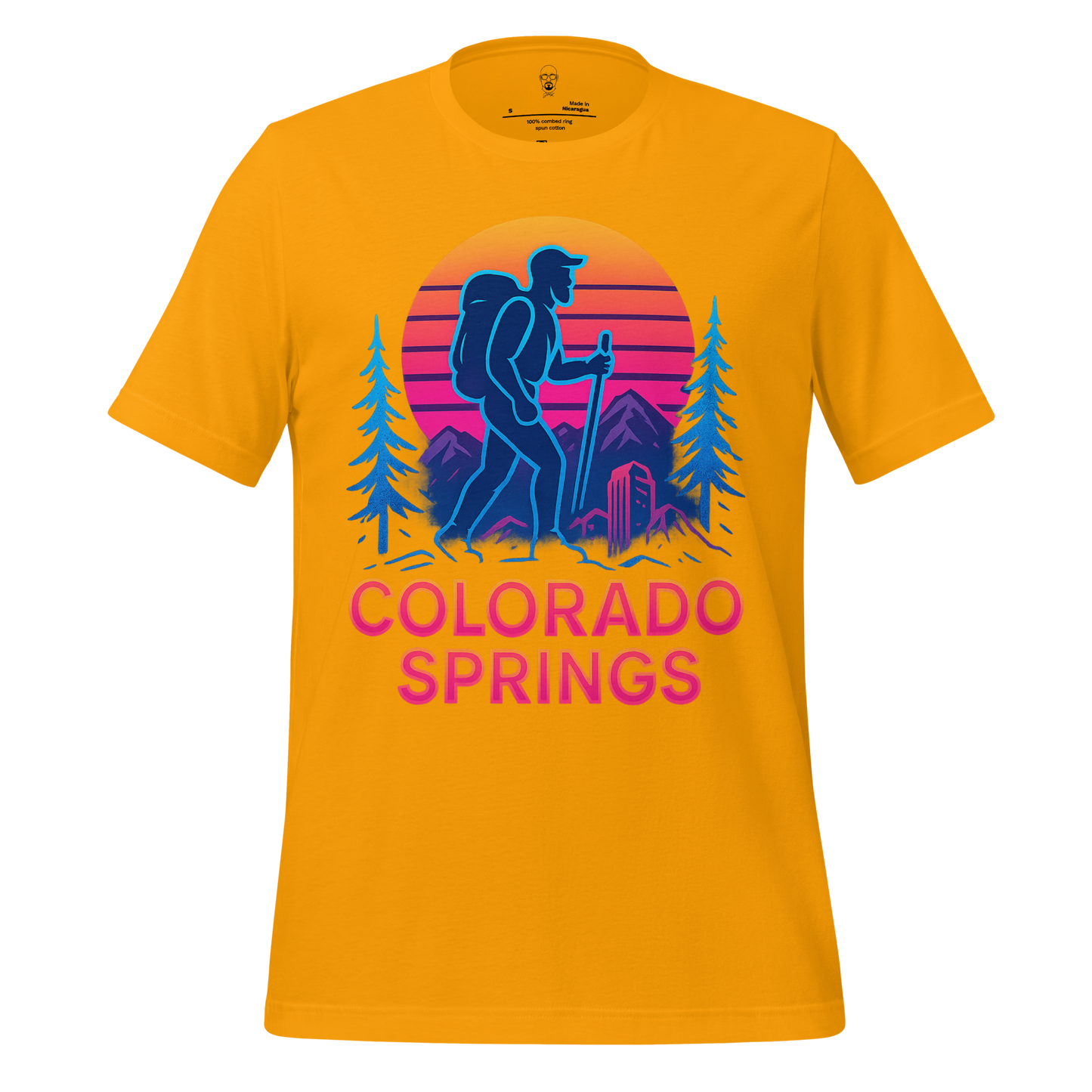 JMK Drip Colorado Springs Graphic T-Shirt with hiker design and mountain sunset on yellow background