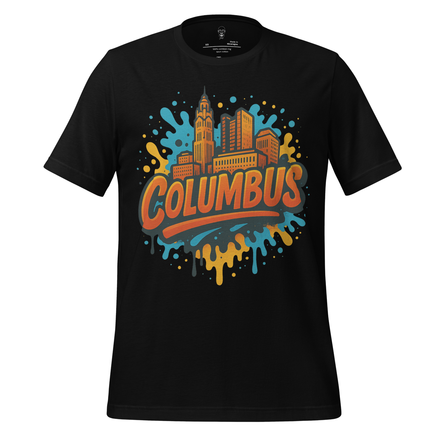 Black Columbus Graphic T-Shirt featuring colorful downtown Columbus skyline and artistic paint splash design