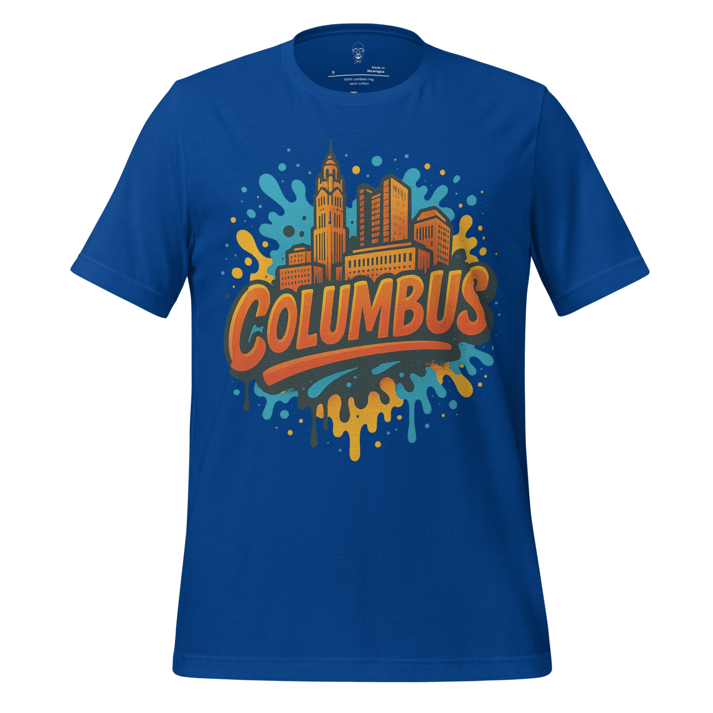 JMK Drip blue Columbus Graphic T-Shirt featuring city skyline and colorful splash design