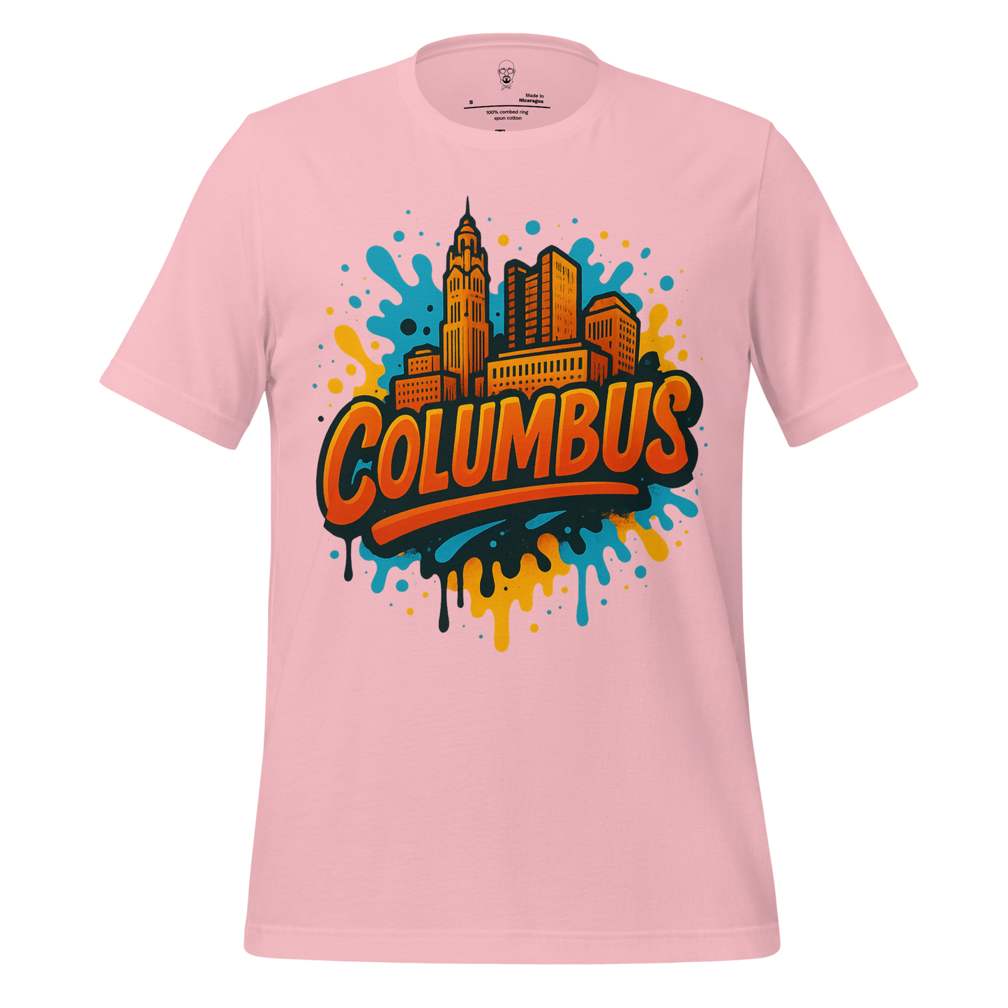 JMK Drip pink Columbus Graphic T-Shirt with colorful city skyline and splash design