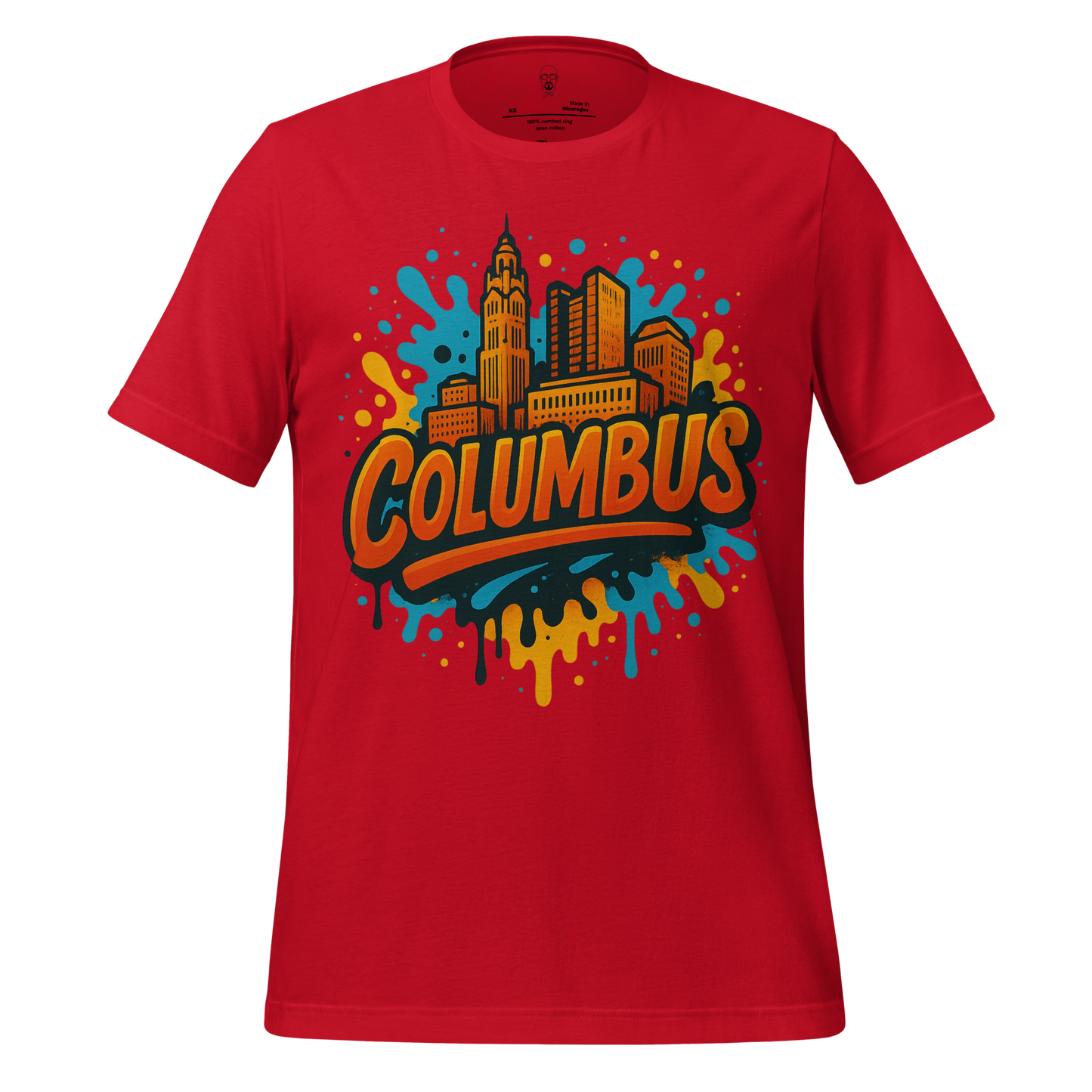 JMK Drip Columbus Graphic T-Shirt in red featuring colorful city skyline design and bold Columbus text