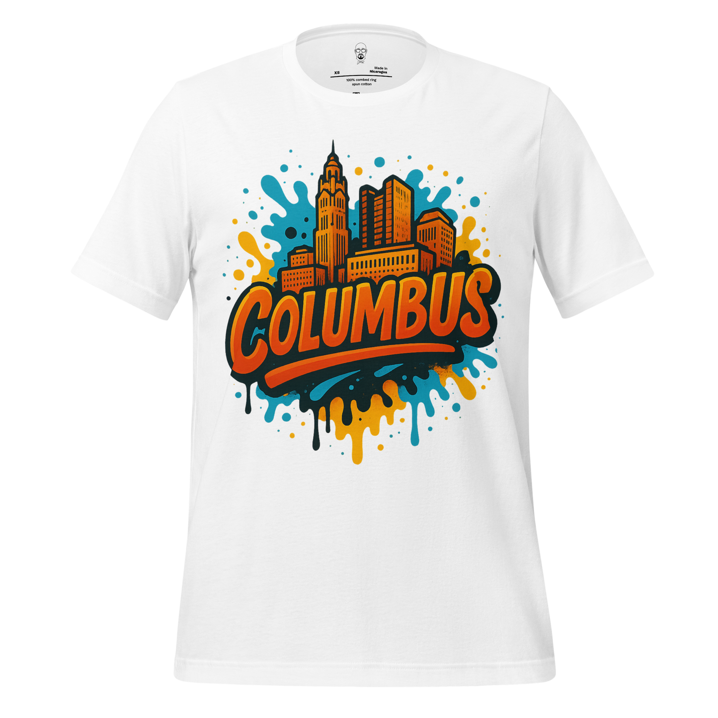 White Columbus Graphic T-Shirt by JMK Drip featuring colorful city skyline and splash design