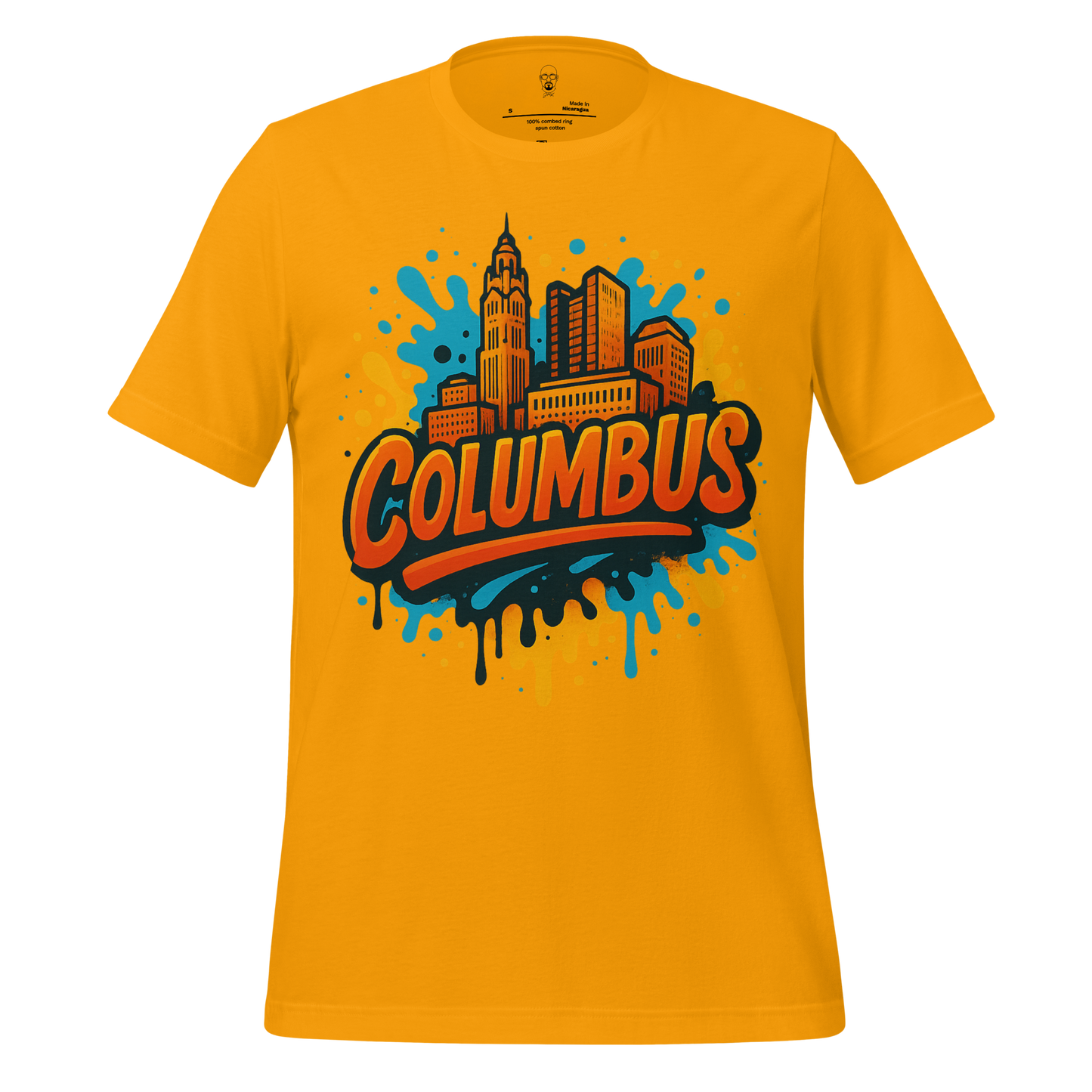 JMK Drip Columbus Graphic T-Shirt in yellow with city skyline and colorful splash design