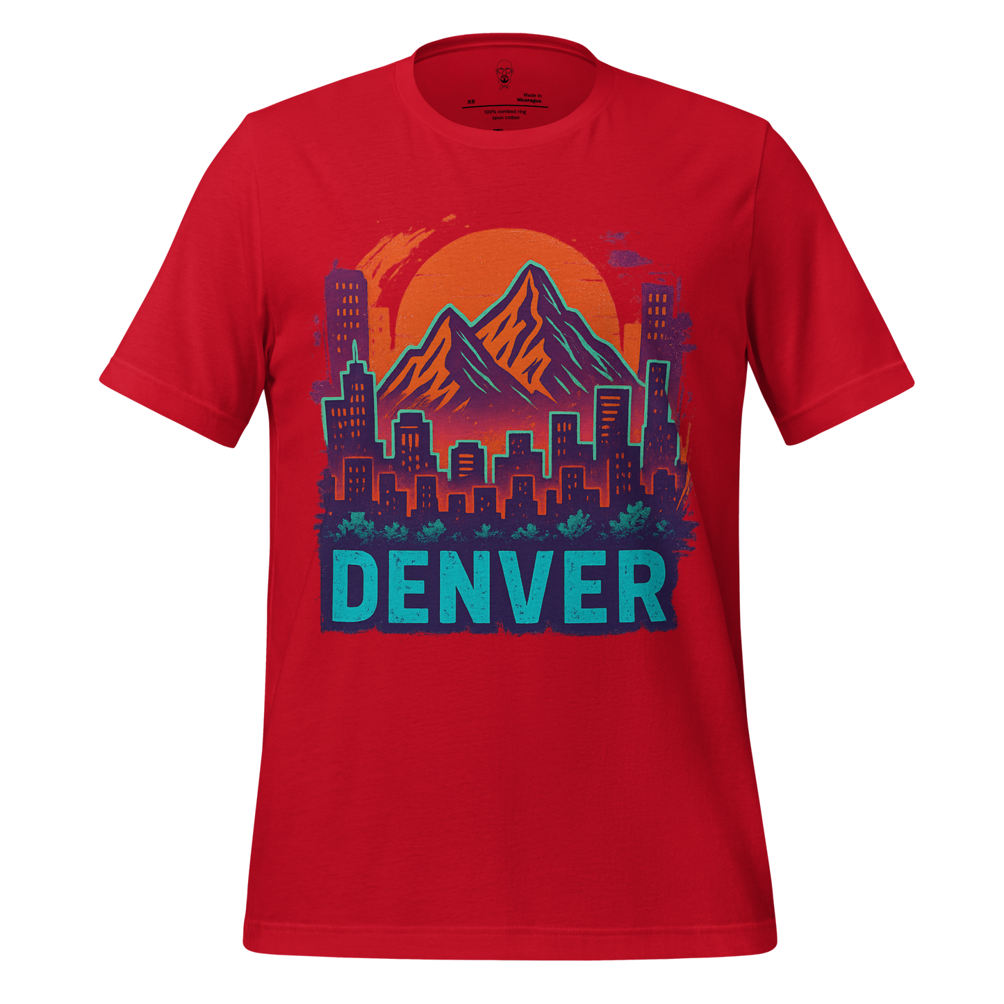 Red Denver Graphic T-Shirt by JMK Drip featuring mountain and city skyline design