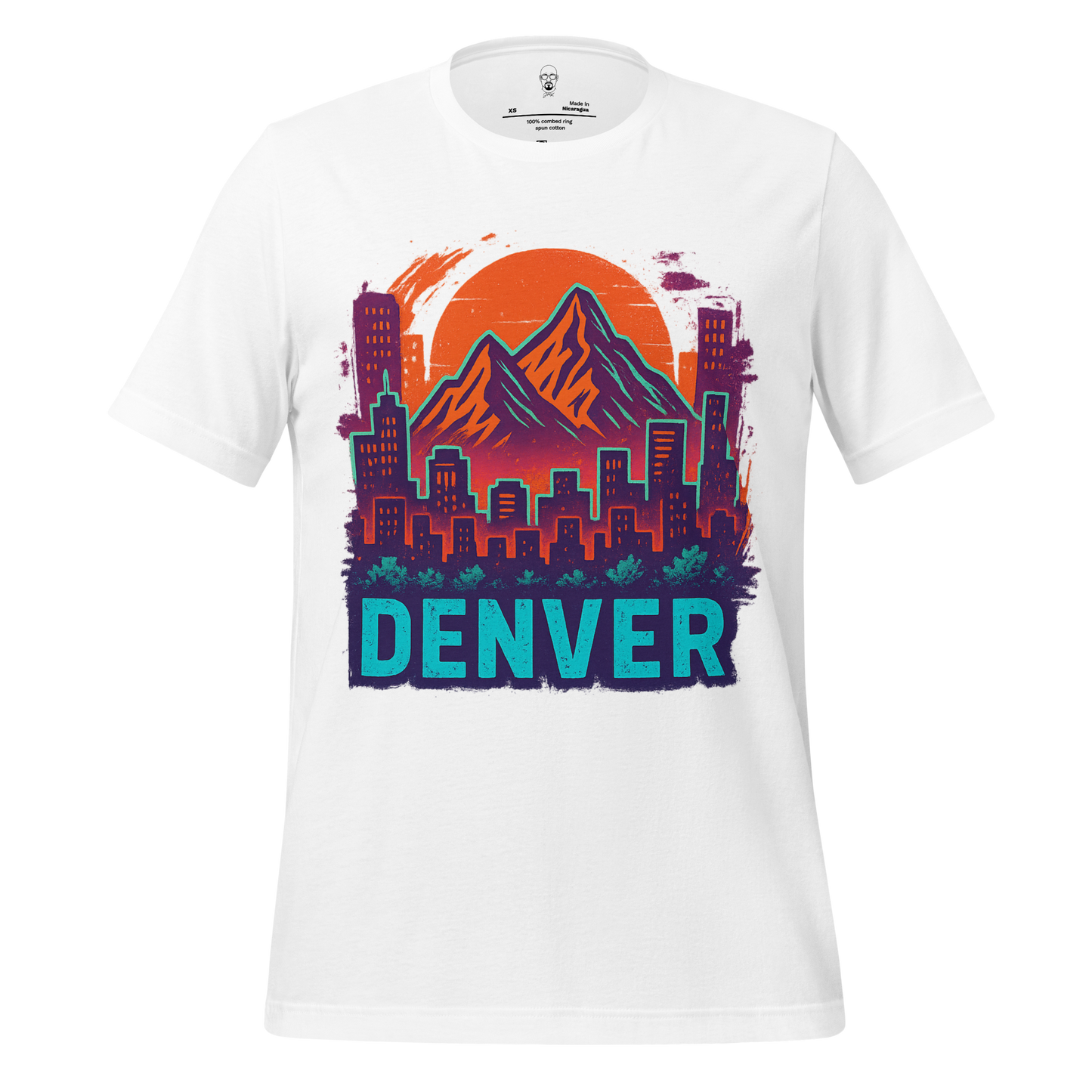 JMK Drip white Denver Graphic T-Shirt featuring Denver skyline and mountain design with orange sun