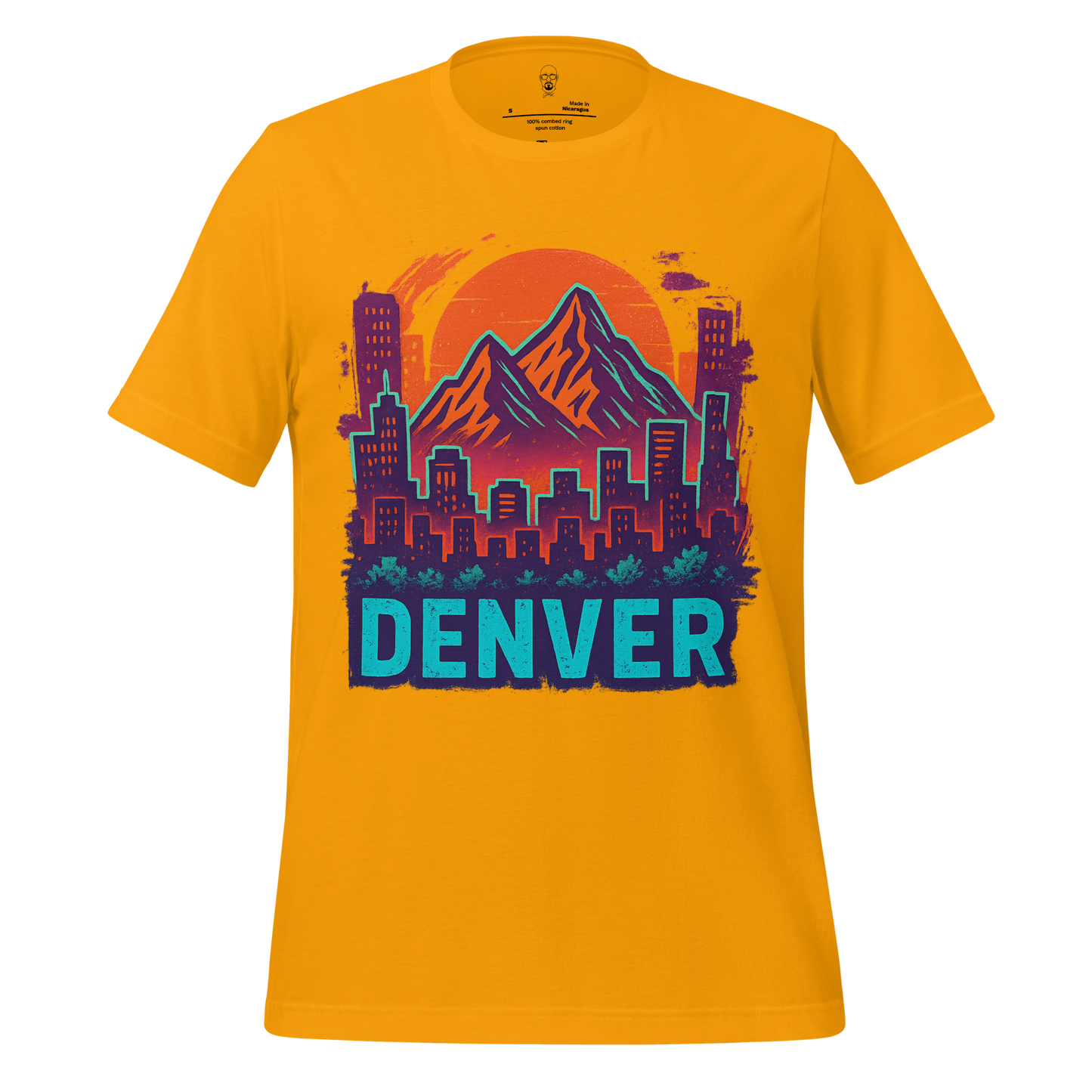 JMK Drip Denver Graphic T-Shirt with mountain and city skyline design on yellow fabric