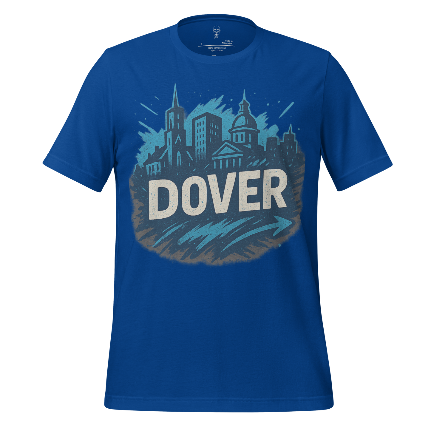 JMK Drip Dover Graphic T-Shirt in blue with city skyline design and bold white Dover text