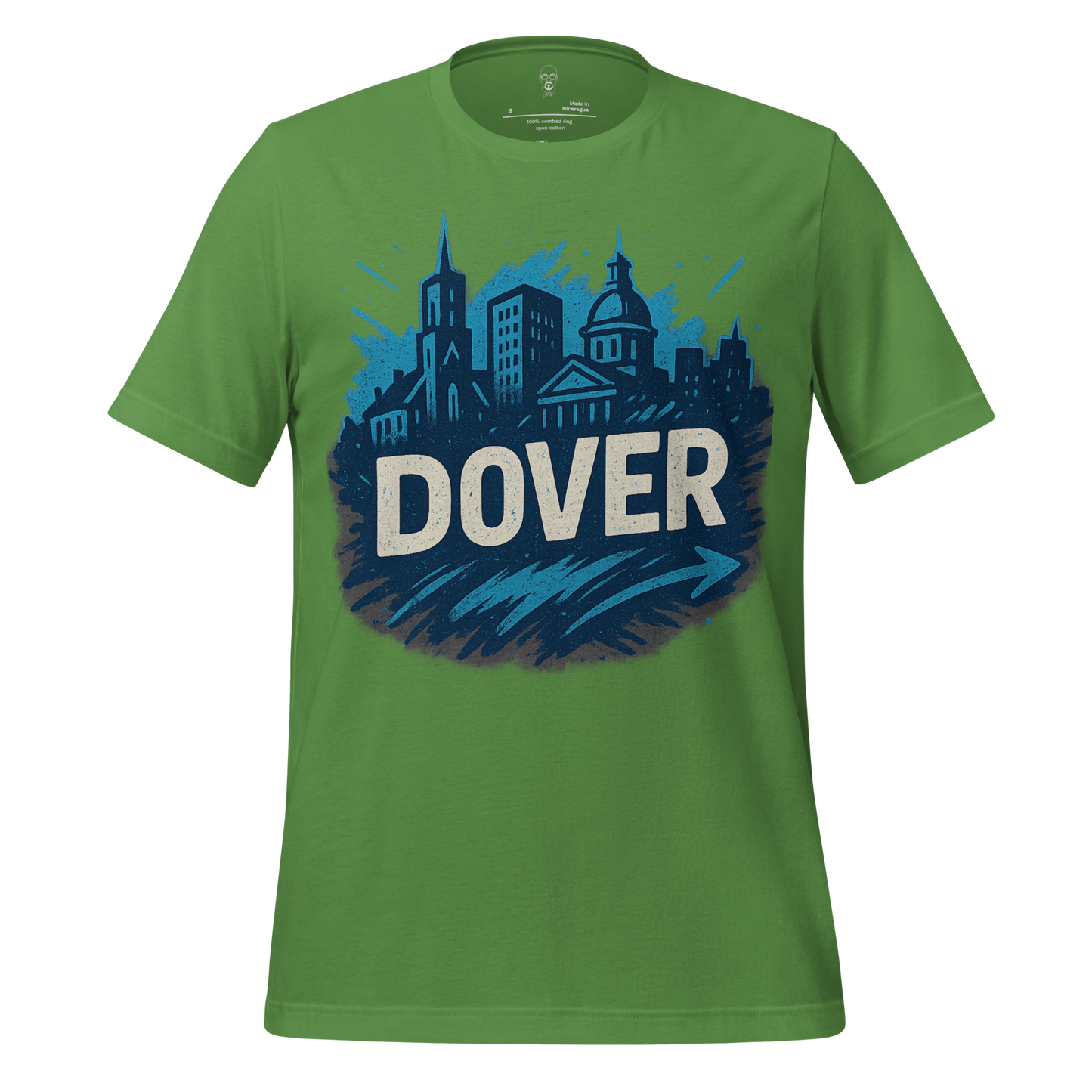 JMK Drip Dover Graphic T-Shirt in green with blue city skyline design and bold Dover text