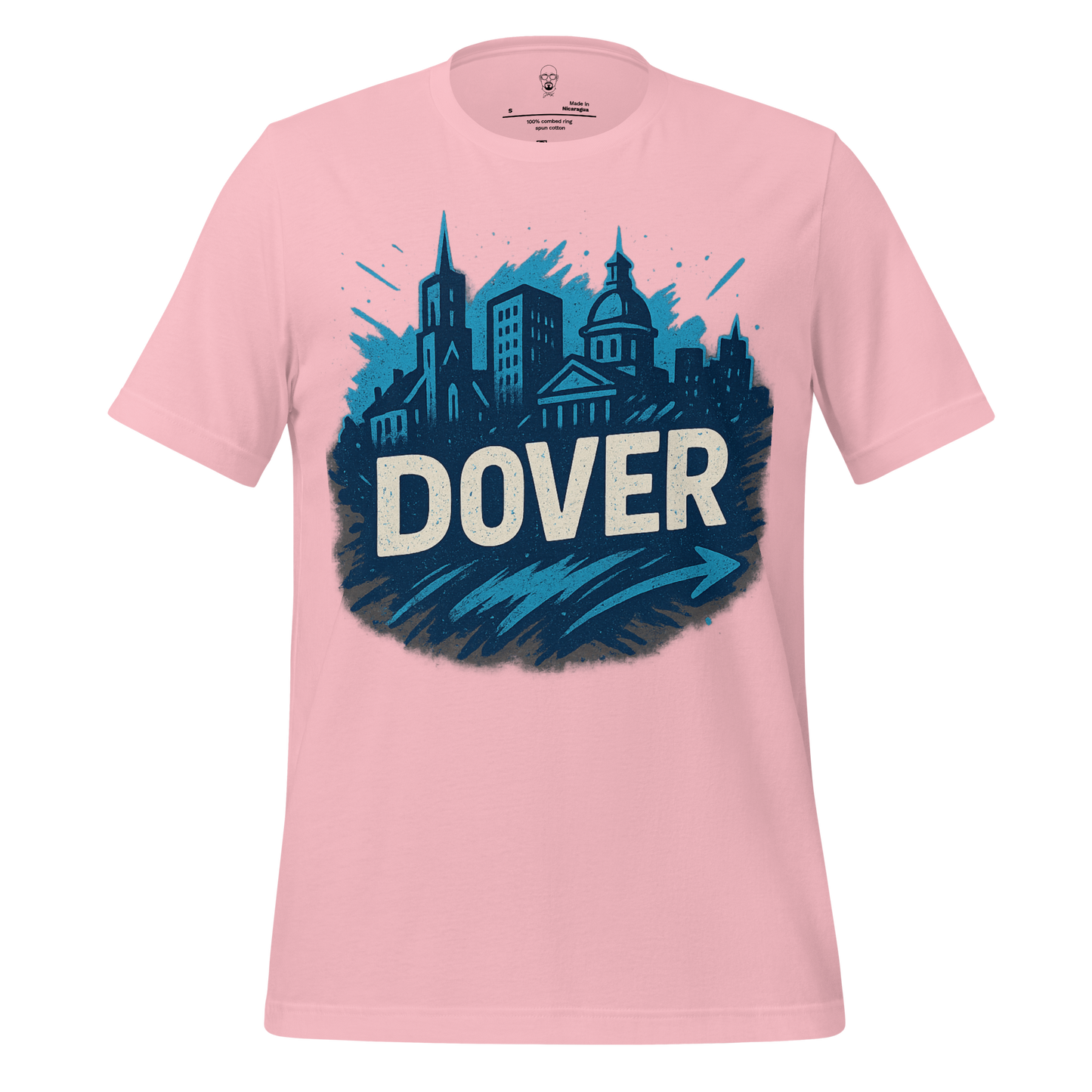 Pink Dover Graphic T-Shirt by JMK Drip featuring blue city skyline design and bold lettering