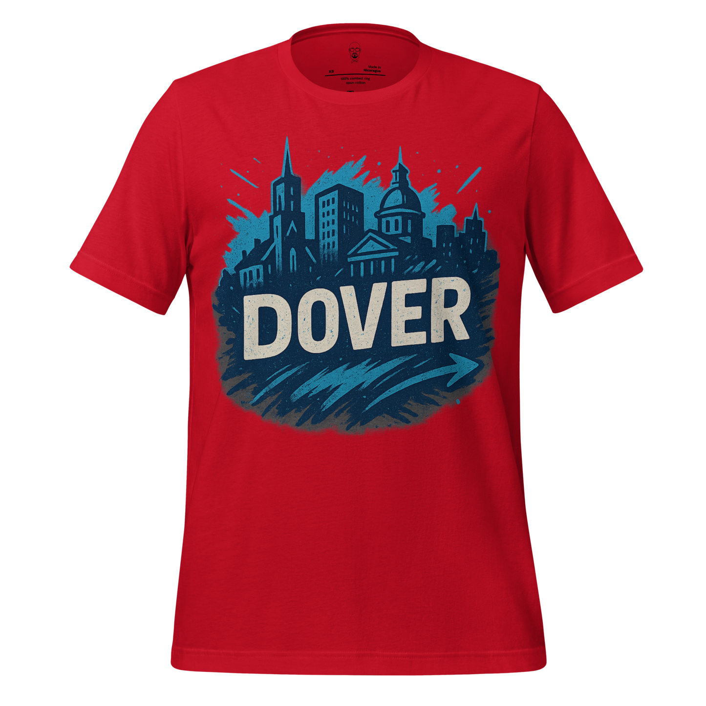Red Dover Graphic T-Shirt featuring blue city skyline and bold Dover text design