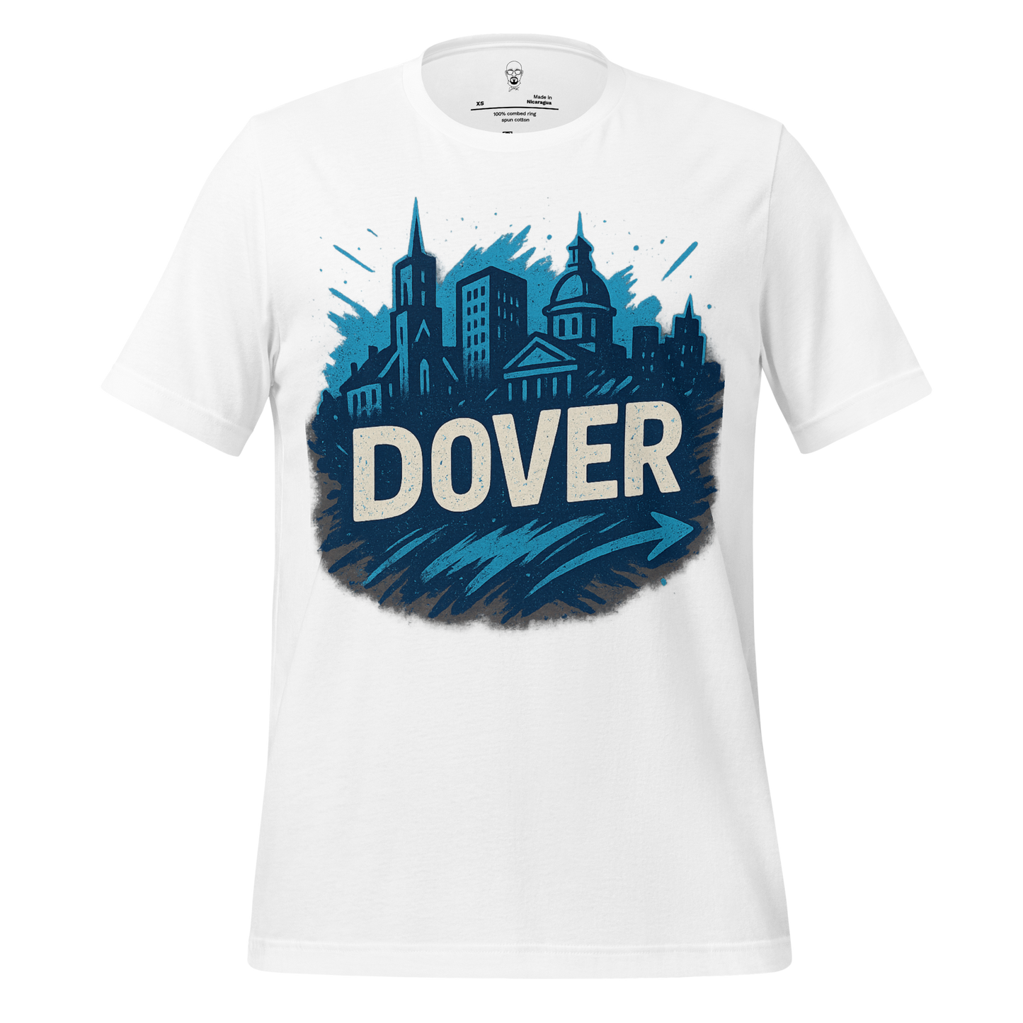 JMK Drip Dover Graphic T-Shirt with blue city skyline design on white short sleeve tee