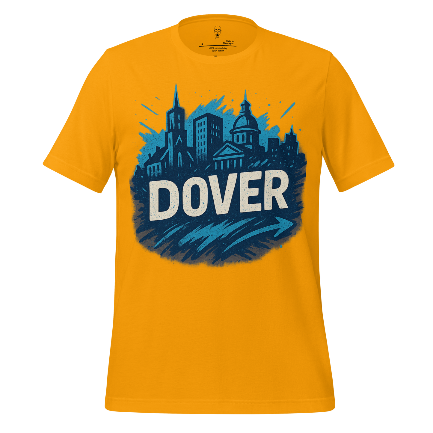 JMK Drip Dover Graphic T-Shirt in mustard yellow with blue city skyline design and bold white Dover text
