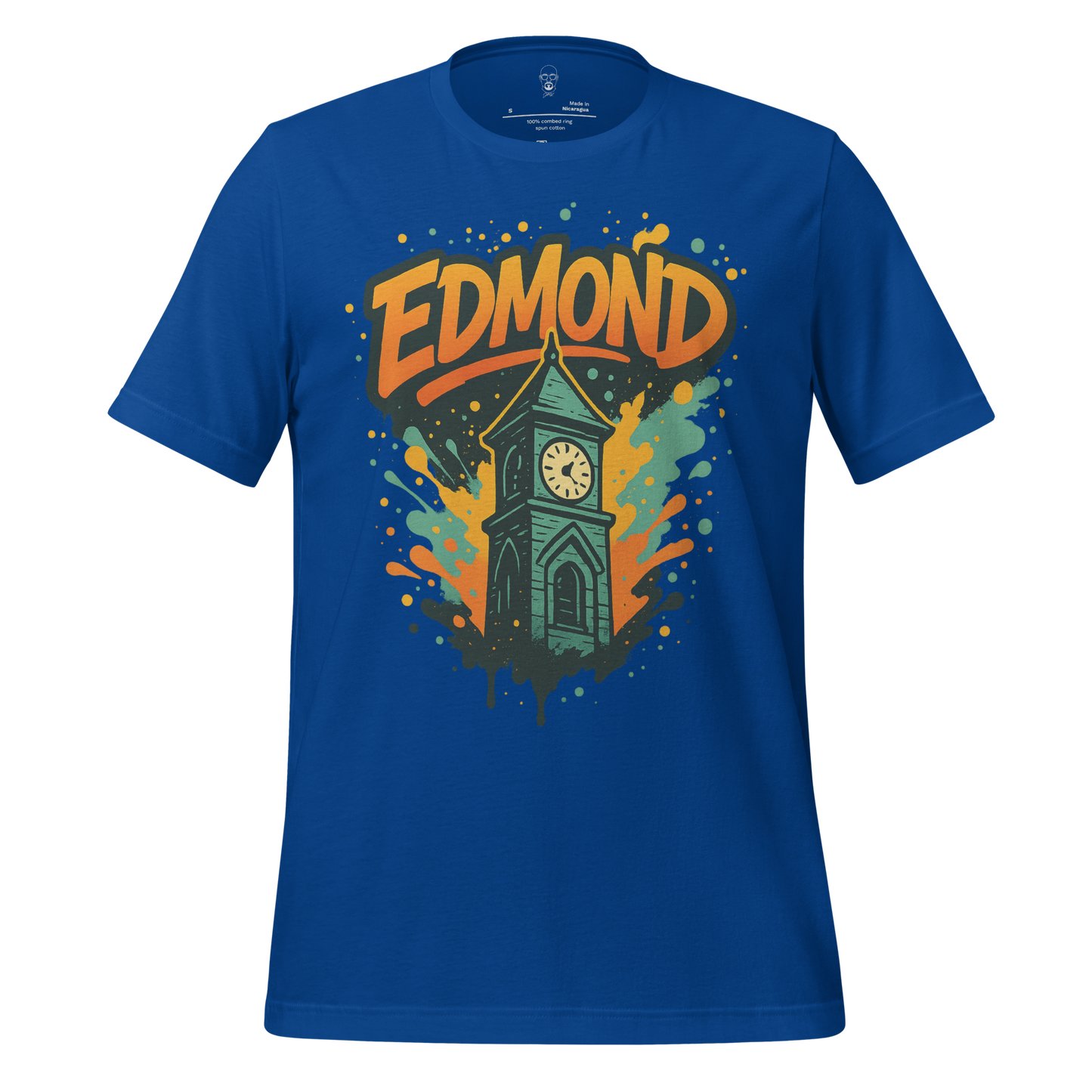 Blue Edmond Graphic T-Shirt featuring a colorful clock tower design and bold text