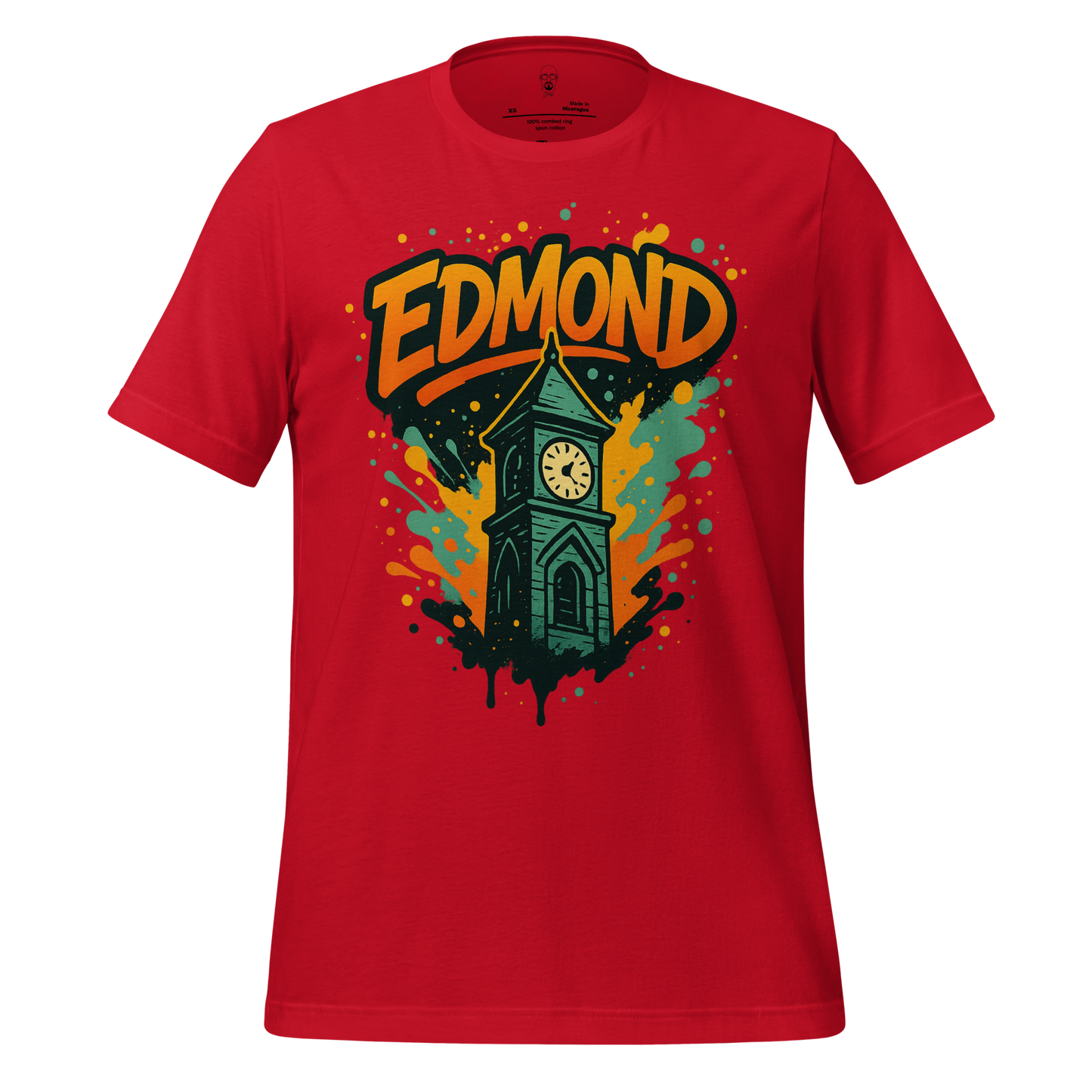 Red Edmond Graphic T-Shirt with colorful clock tower design and bold Edmond text