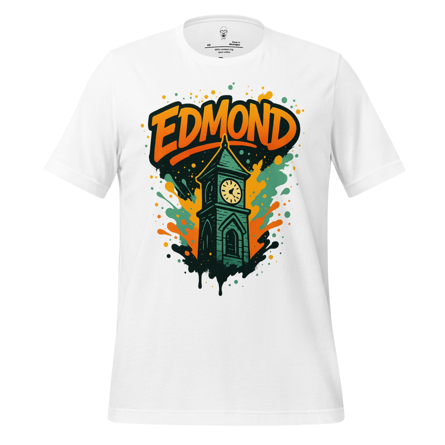 White Edmond Graphic T-Shirt by JMK Drip featuring colorful clock tower design with orange and green accents