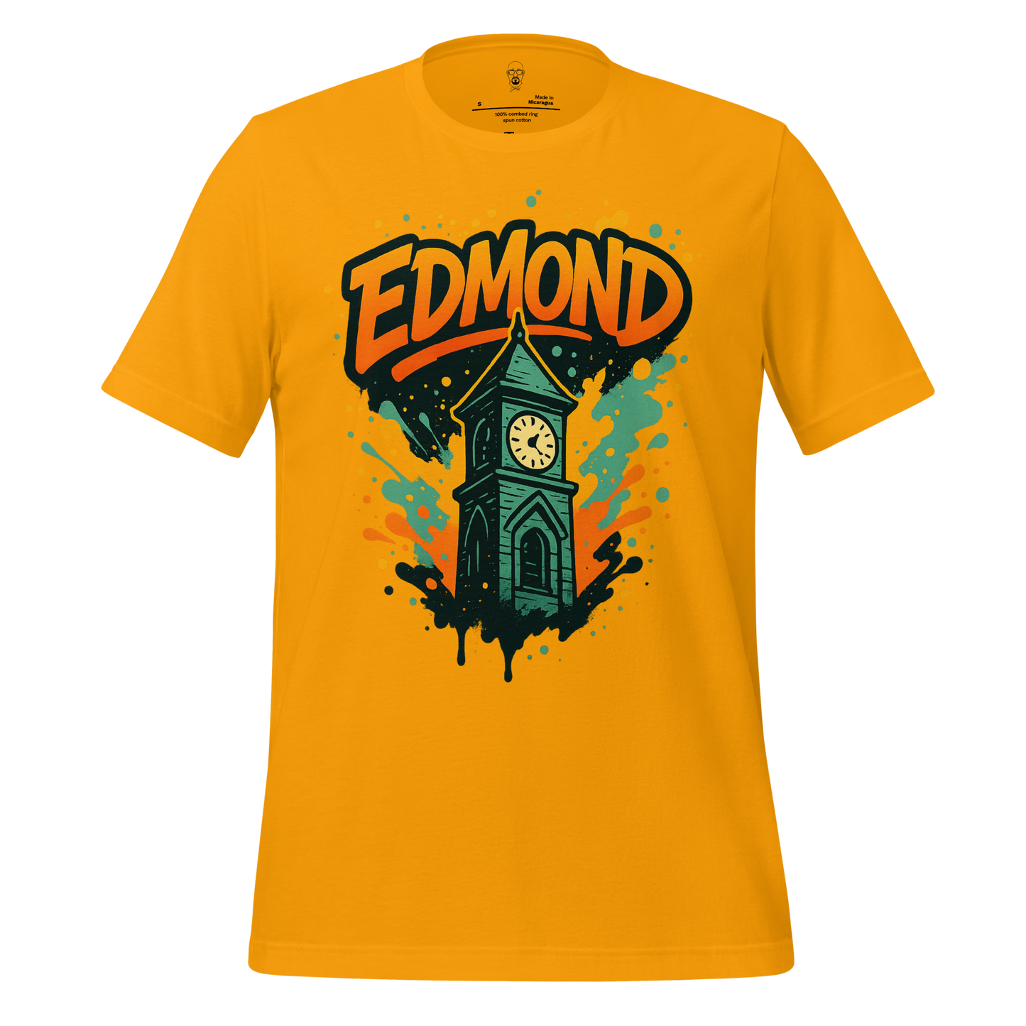 Yellow Edmond Graphic T-Shirt with clock tower and colorful splash design by JMK Drip