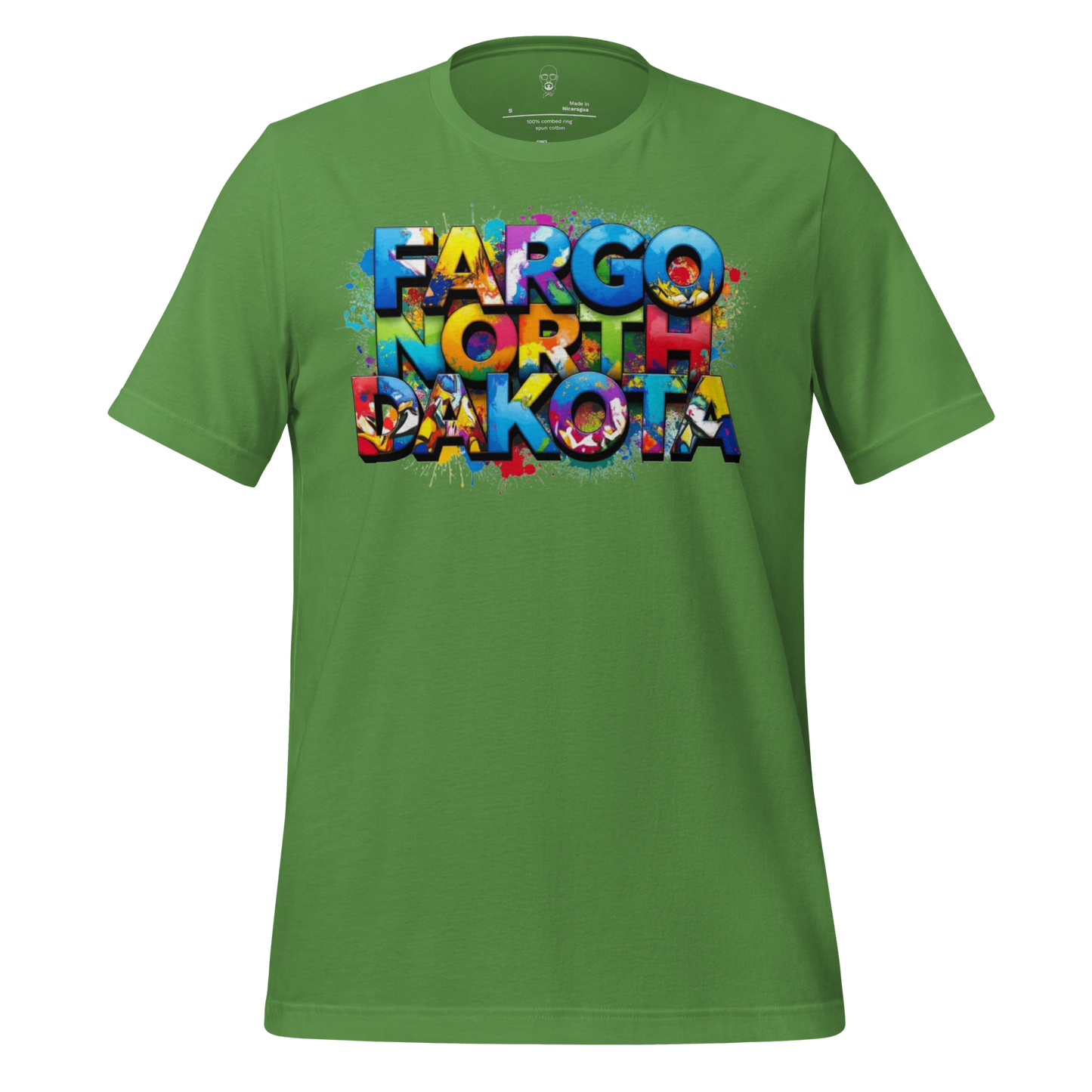 Green t-shirt with colorful artistic text design reading Fargo North Dakota T-shirt
