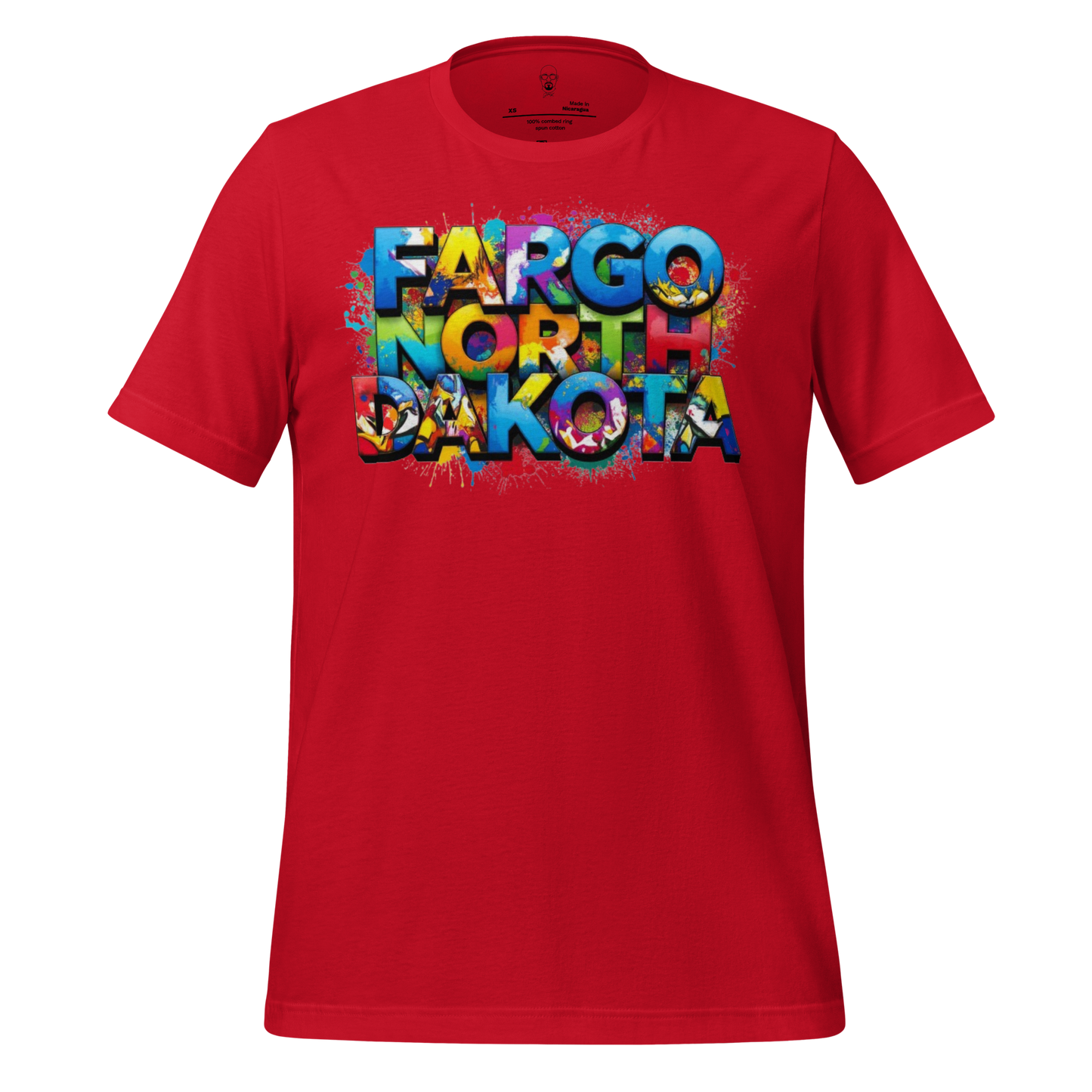 Red Fargo North Dakota T-shirt with colorful graffiti style lettering by JMK Drip
