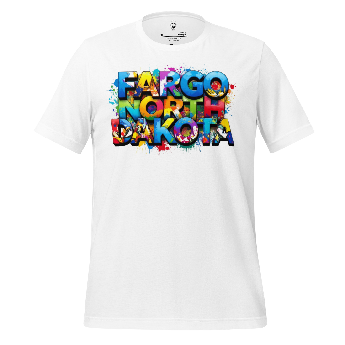 White JMK Drip Fargo North Dakota T-shirt with colorful graffiti style text design