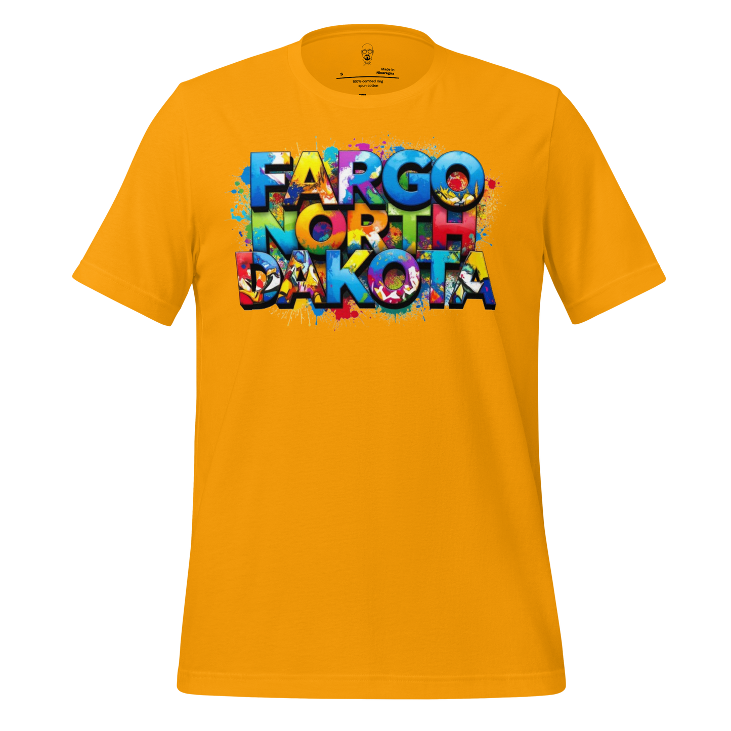 Yellow JMK Drip Fargo North Dakota T-shirt with colorful graphic text design